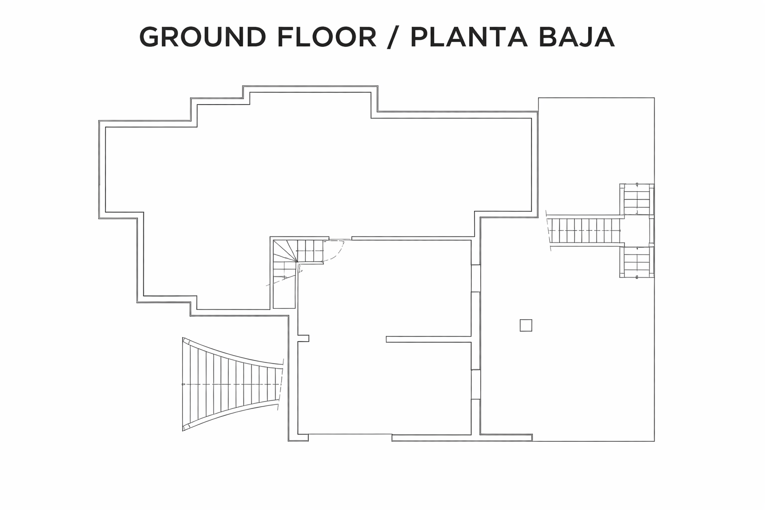 Gedetailleerde architectonische plattegrond van de begane grond met de indeling van de binnenruimtes, toegangen en trappen.