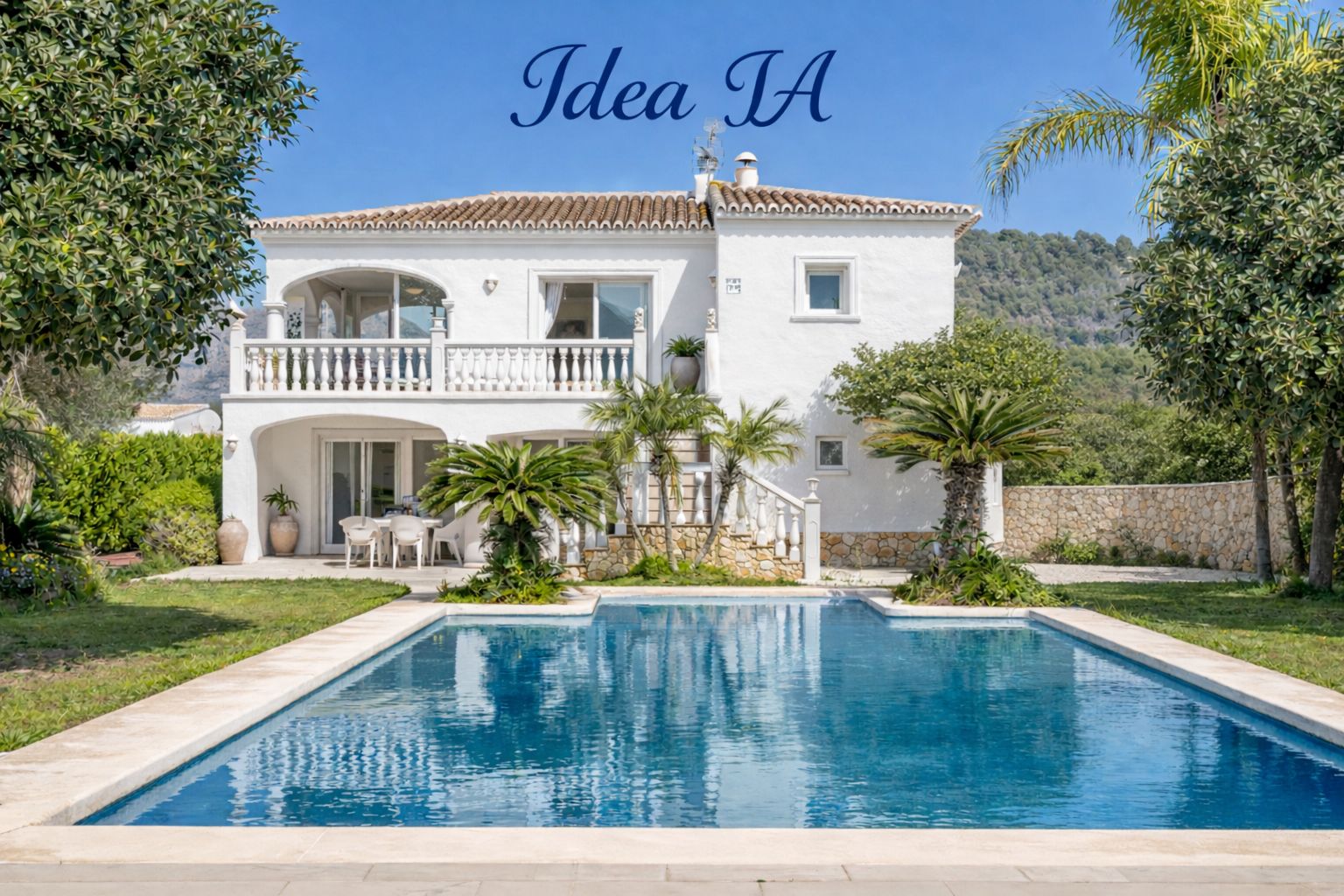 Mediterrane witte villa met een groot zwembad, aangelegde tuinen met palmbomen en een panoramisch uitzicht op de nabijgelegen bergen.
