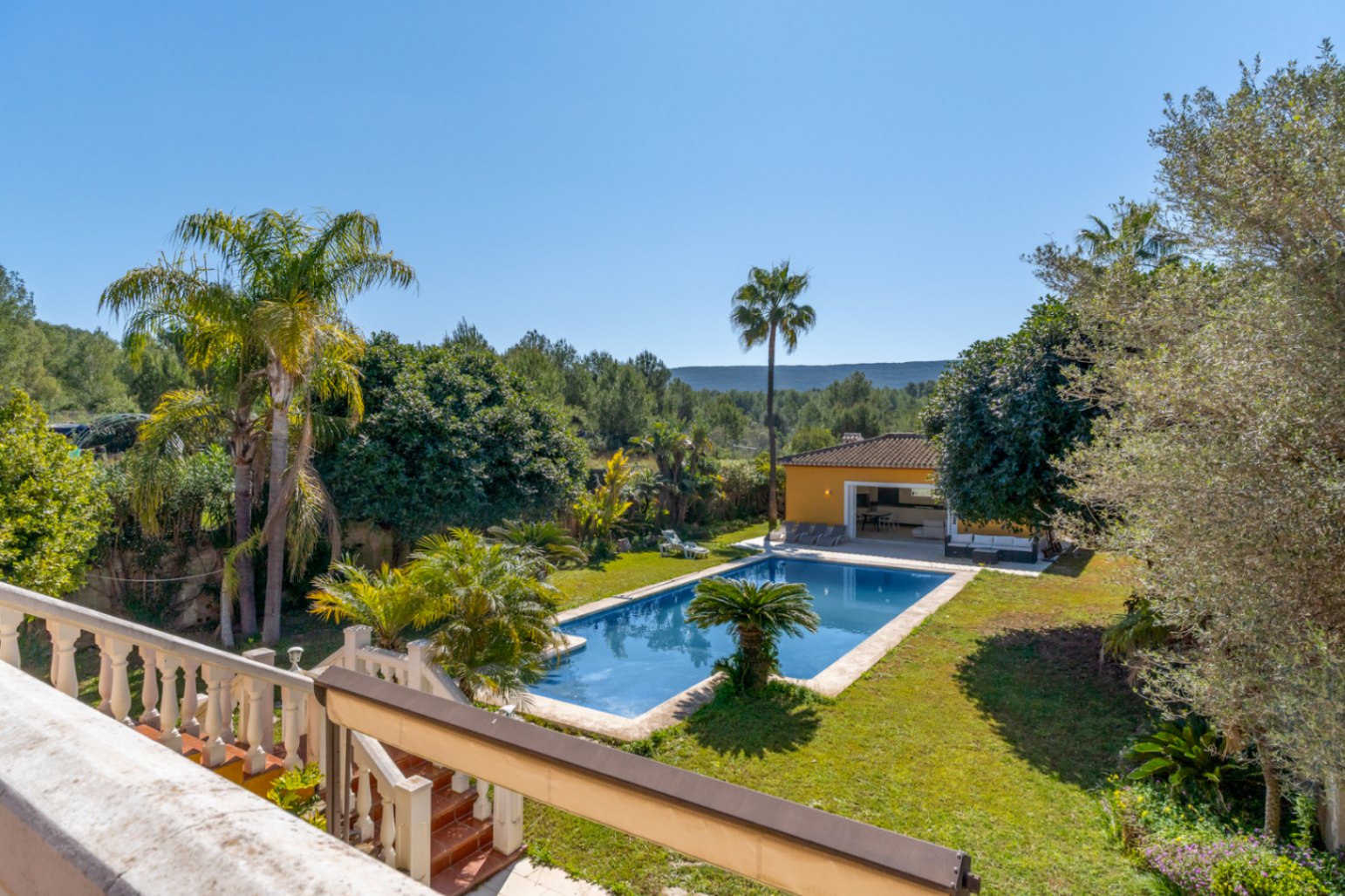 Verhoogd zicht op de mediterrane tuin met een groot rechthoekig zwembad, palmbomen en een overdekte buitenkeuken, omgeven door ongerepte natuur en heuvels.