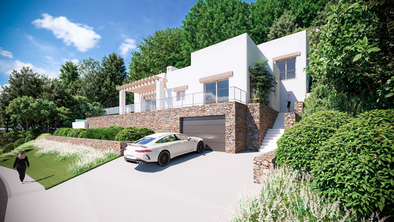 Exterieur in Ibiza-stijl met natuurstenen muren, geïntegreerde garage en een boventerras met houten pergola en glazen balustrades.