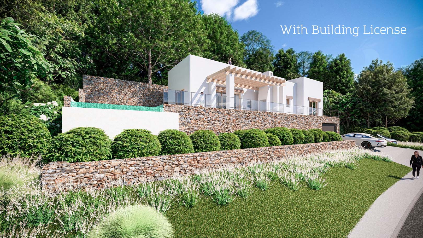 Exterieur van een villa in Ibiza-stijl met natuurstenen muren, een houten pergola en een verhoogd zwembad, gelegen in een bosrijke omgeving.