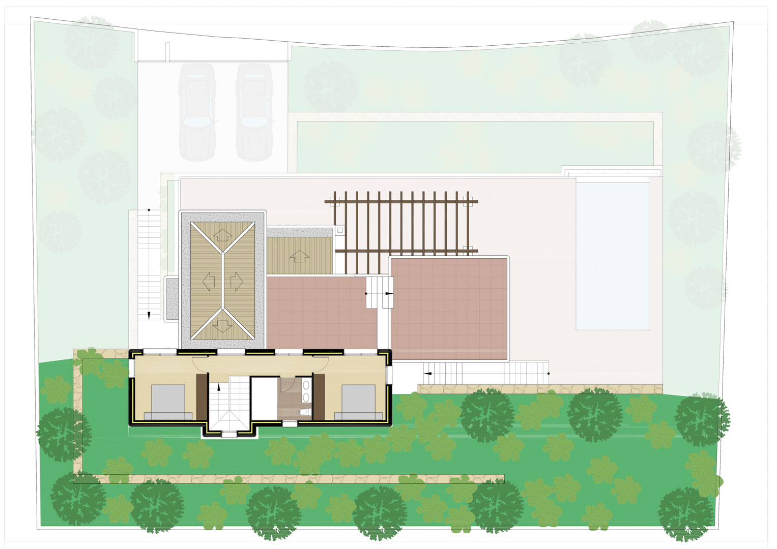 Situatieplan en plattegrond van de villa met de indeling van het perceel, inclusief het zwembad, parkeergelegenheid, terrassen met pergola en de indeling van de slaapkamers.