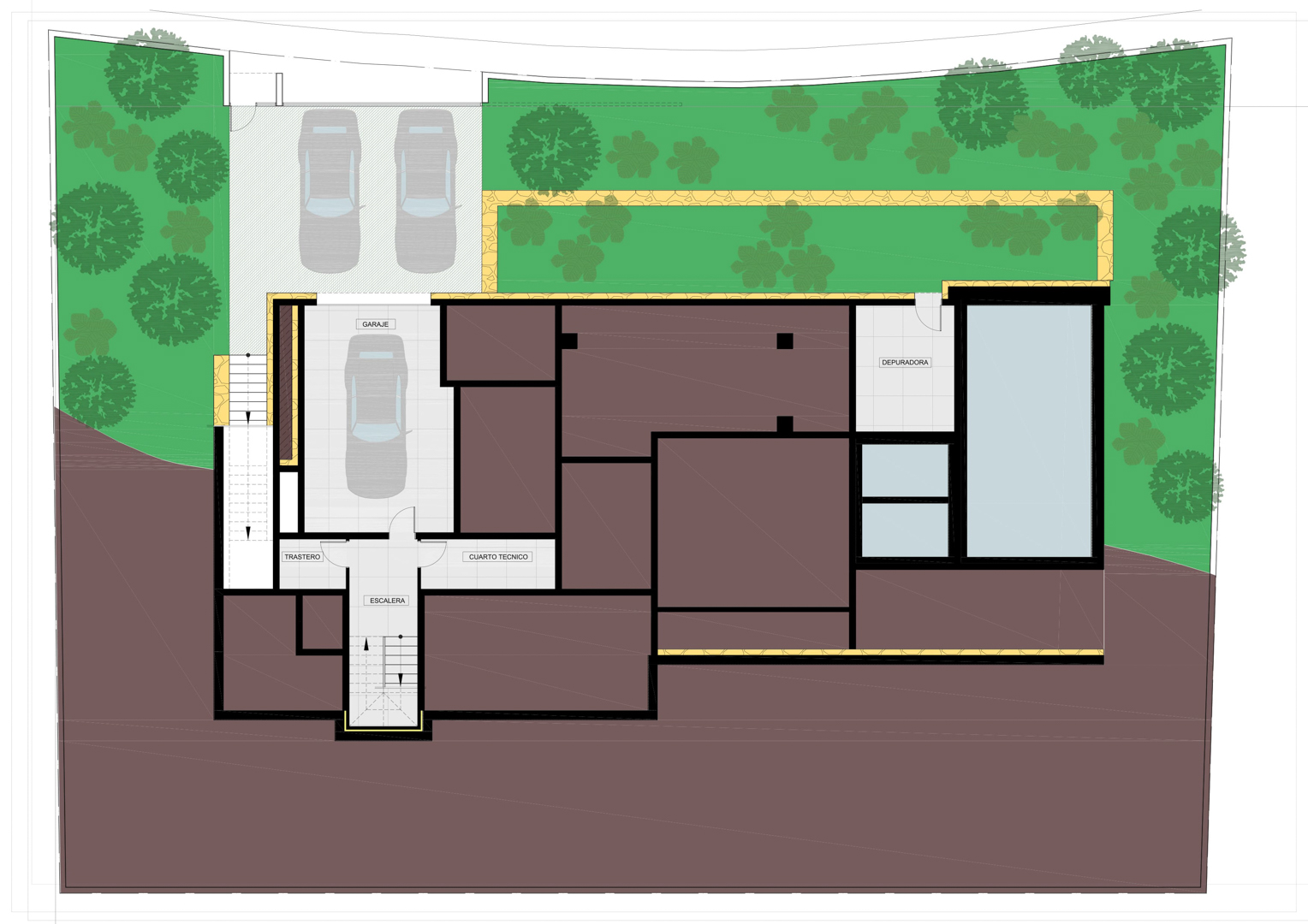 Technische plattegrond van het souterrain met de garage, berging, technische ruimte en zwembadinstallatie grenzend aan de tuin.