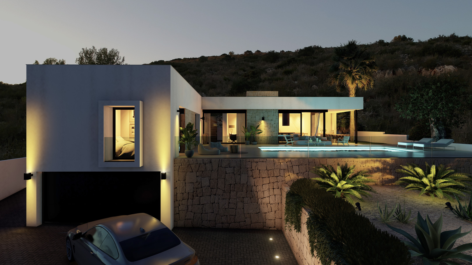 Buitenaanzicht van een moderne villa bij avondlicht met infinity pool, natuurstenen muren en garage. Verlichting accentueert de architectuur en de aangelegde tuin.