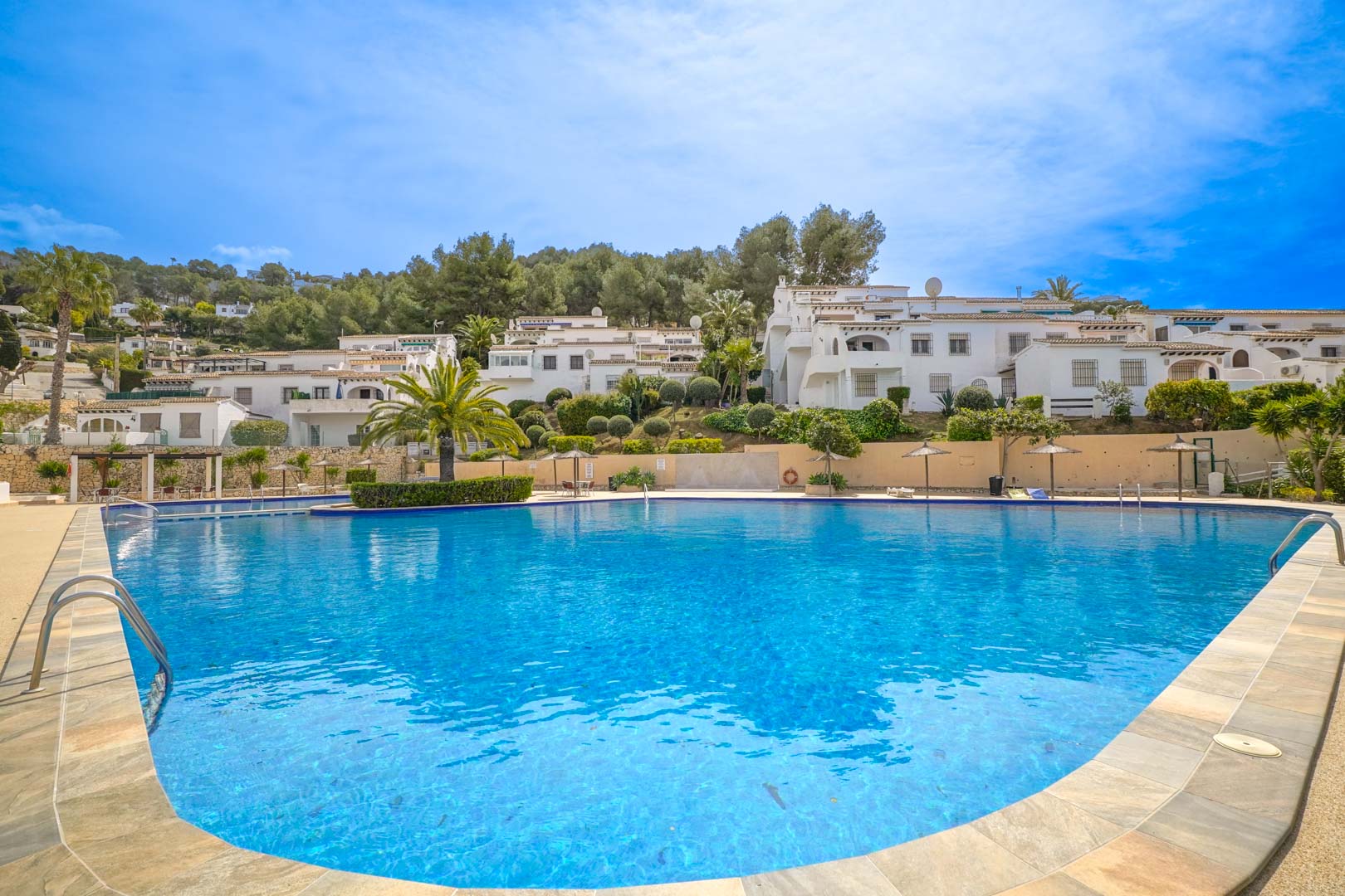 Groot gemeenschappelijk zwembad met ronde vormen, omgeven door een zonneterras met rieten parasols en mediterrane beplanting tegen de achtergrond van witte woningen.