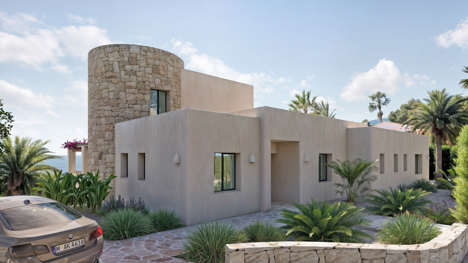 Exterieur in Ibiza-stijl met een cilindrische natuurstenen toren, gladde beige gevels en een mediterraan aangelegde tuin met stenen bestrating.