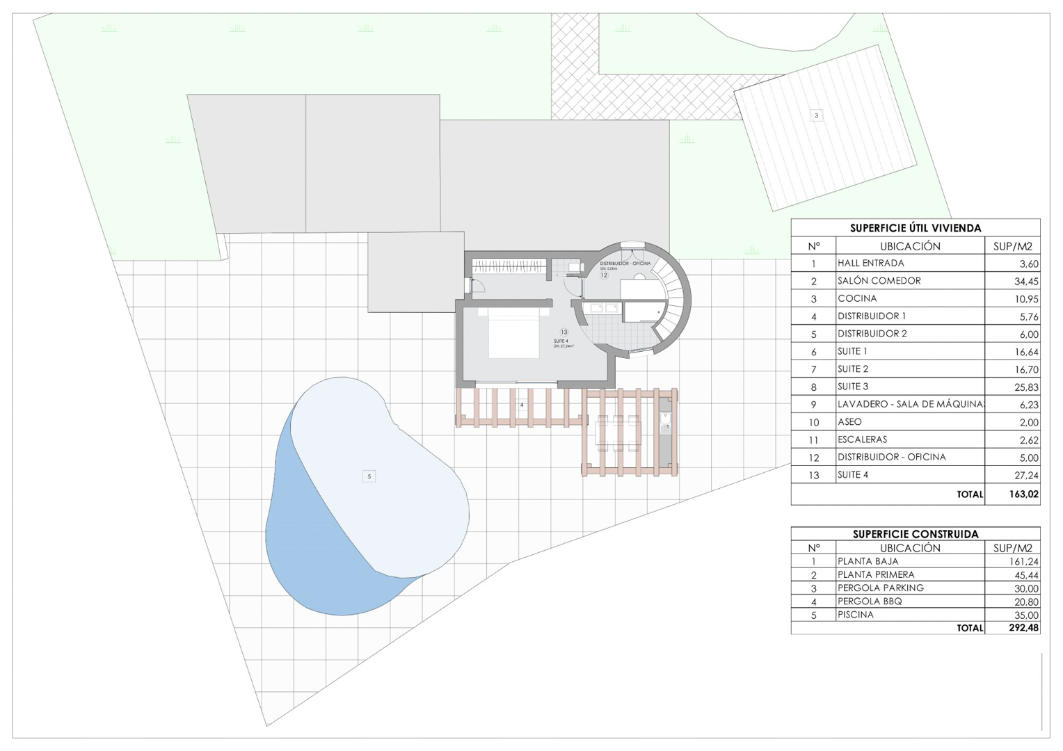 Technische plattegrond met de indeling van de bovenverdieping, het zwembad van 35m² en een overzicht van de gebruiksoppervlakten en bebouwde oppervlakten.