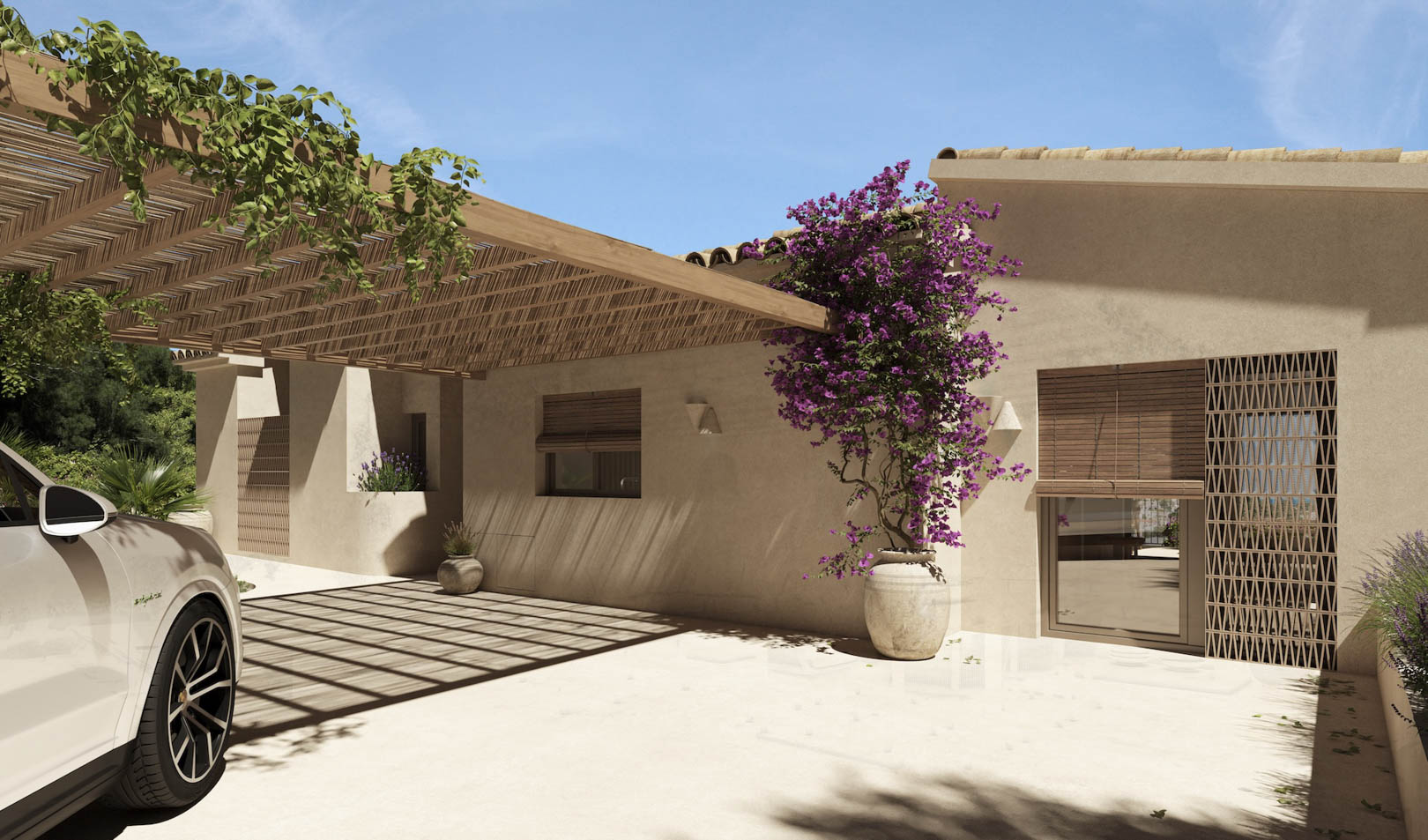 Buitenparkeerplaats met een pergola van hout en riet, getextureerde mediterrane gevel, houten luiken en een kleurrijke bougainvillea in een stenen pot.