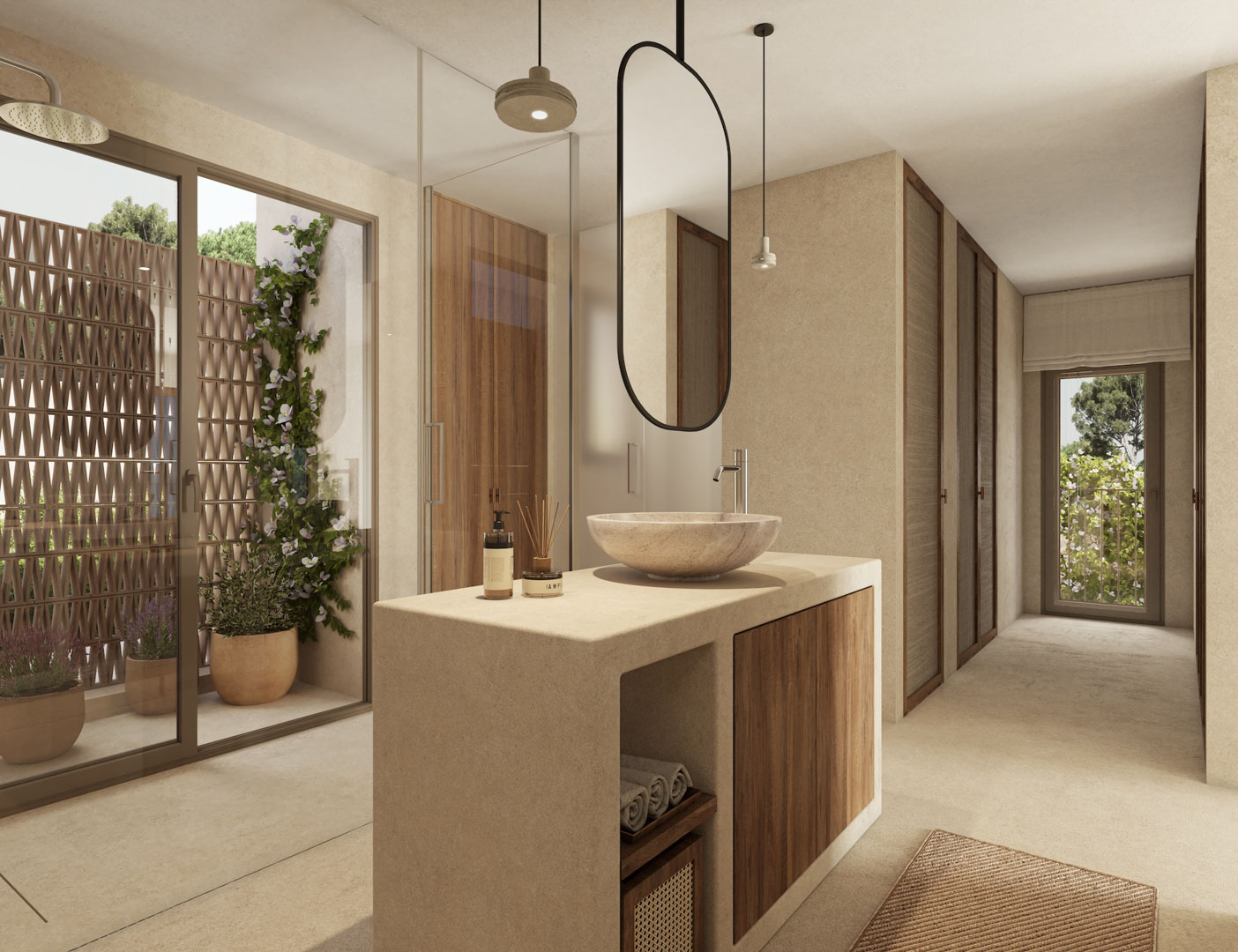 Designbadkamer met stenen waskom op een eiland van microcement, hangende spiegel en directe toegang tot een privéterras met decoratief vlechtwerk en beplanting.