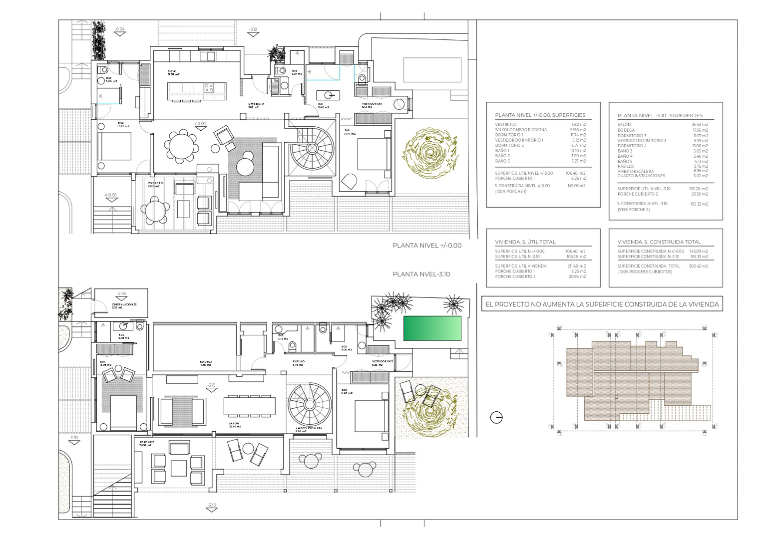 Gedetailleerde architectonische plattegronden van de twee verdiepingen, met open leefruimtes, slaapkamers met eigen badkamer, een wenteltrap en ruime terrassen.