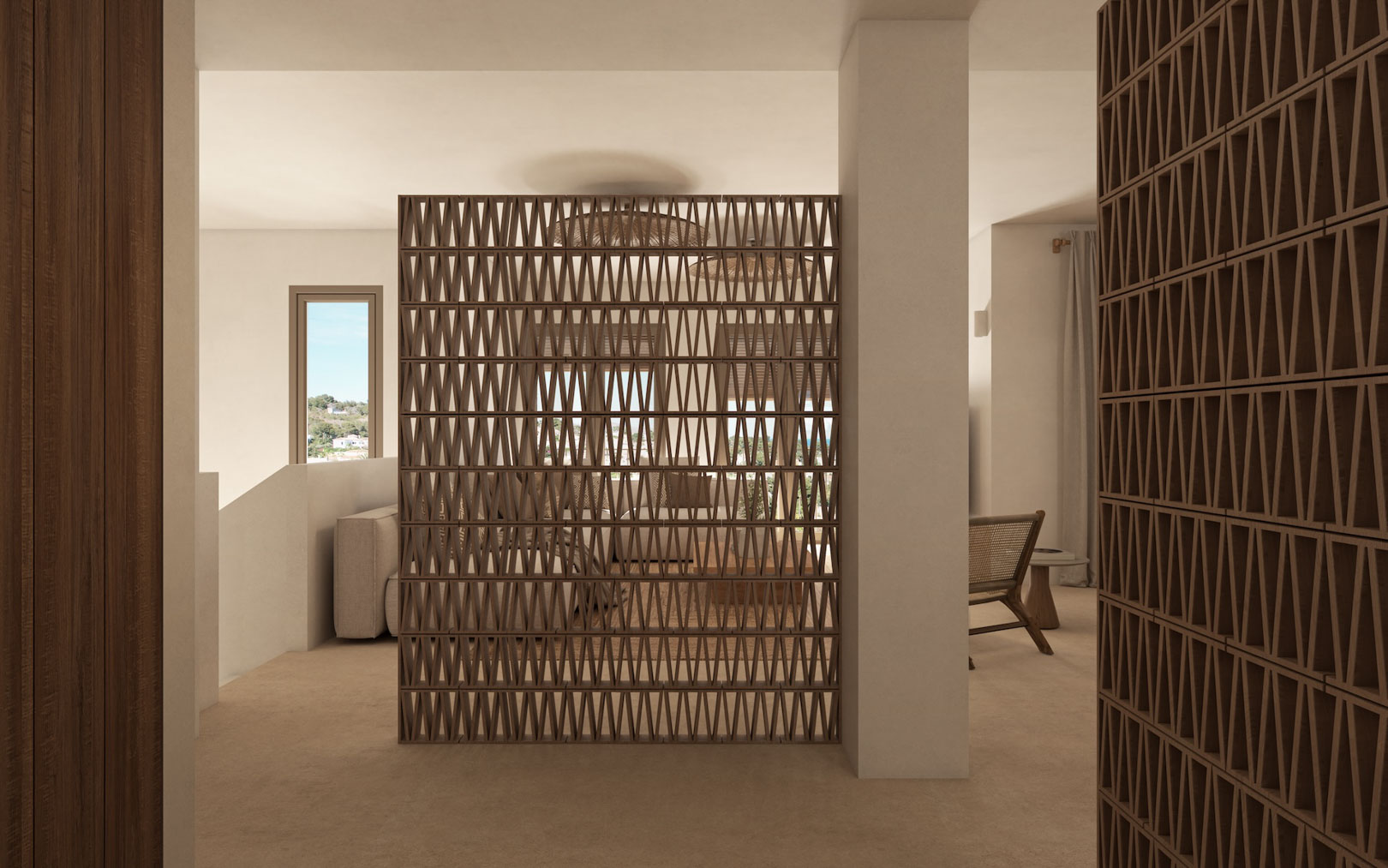 Geometrische terracotta roomdividers scheiden de leefruimtes op elegante wijze, gecombineerd met naadloze vloeren en een mediterraan kleurenpalet.