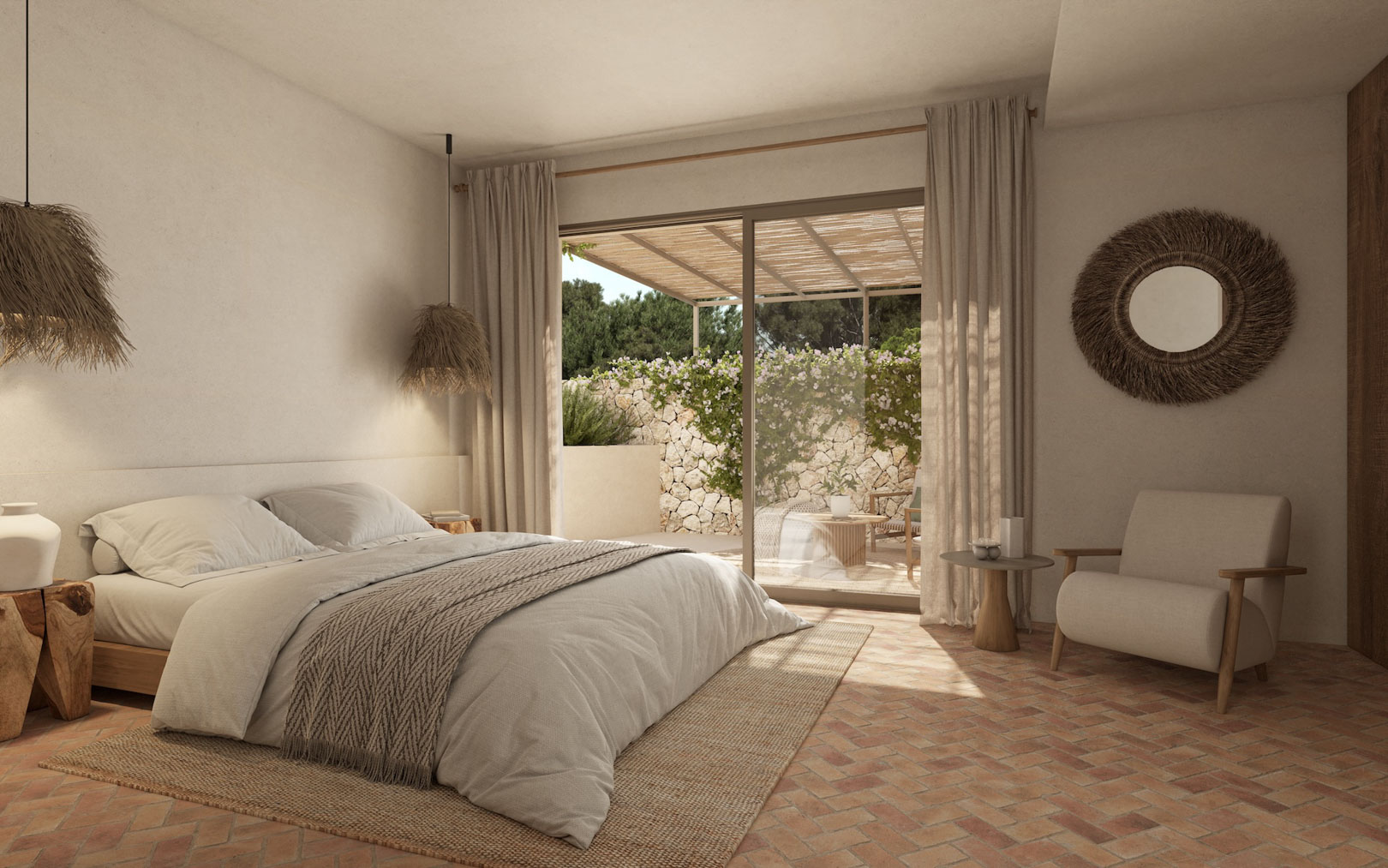 Mediterrane slaapkamer met visgraat terracotta vloer, natuurlijke vezellampen en toegang tot een privéterras met houten pergola en natuurstenen muren.