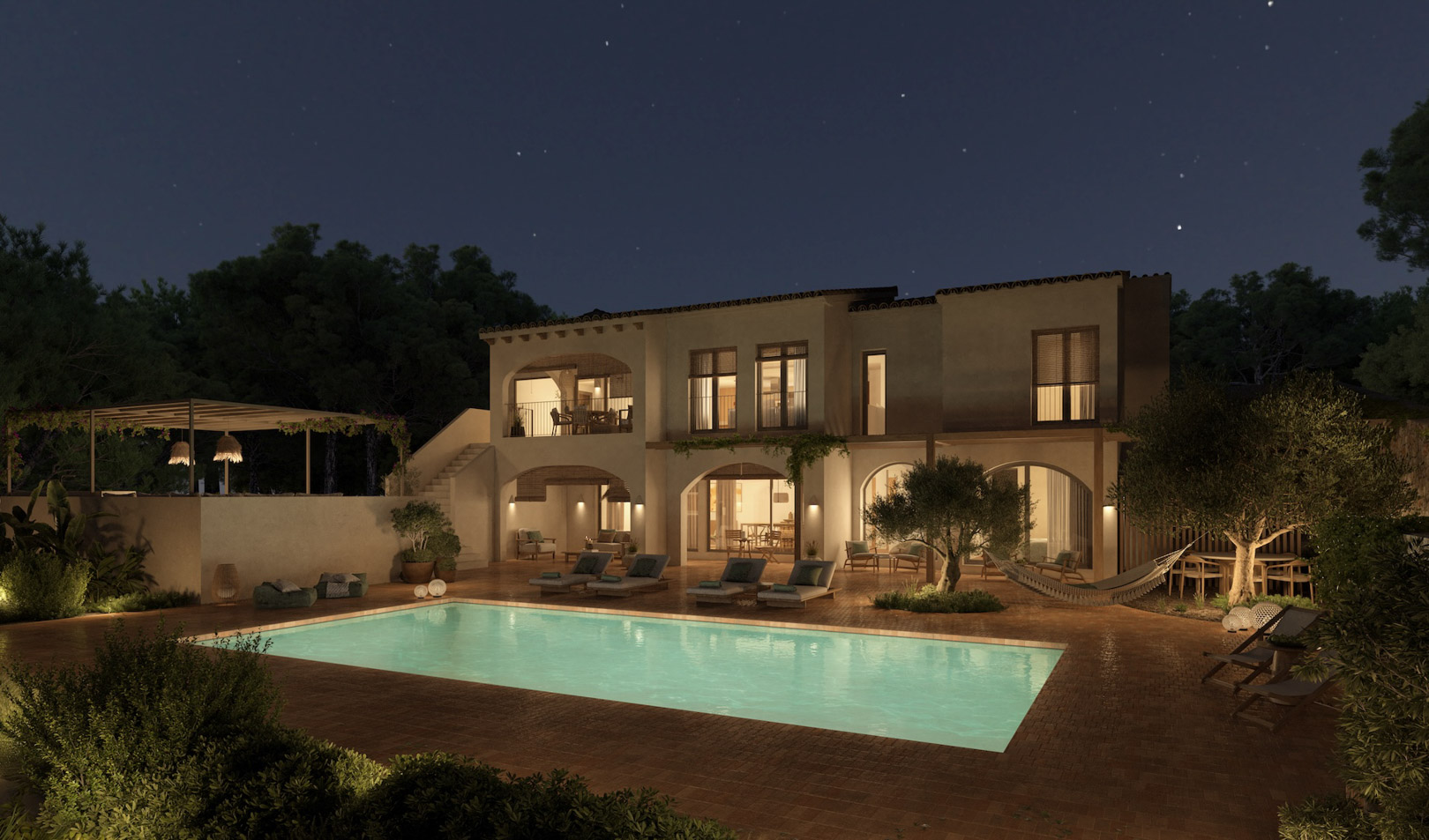 Nachtzicht op de villa met verlicht zwembad, terracotta terras en mediterrane bogen. Inclusief houten pergola, buiten-eethoek en landschapsarchitectuur met olijfbomen.