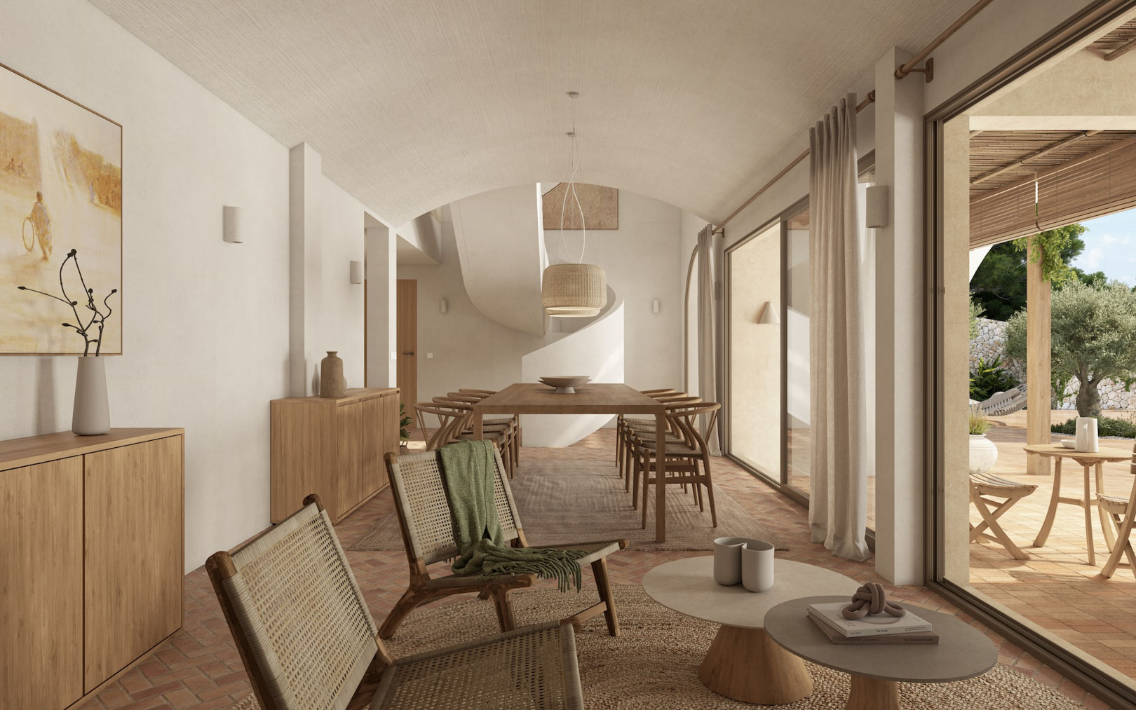 Open woon- en eetkamer met gewelfde plafonds, terracotta vloeren en een sculpturale trap. Grote schuifdeuren zorgen voor een vloeiende overgang naar het mediterrane terras.