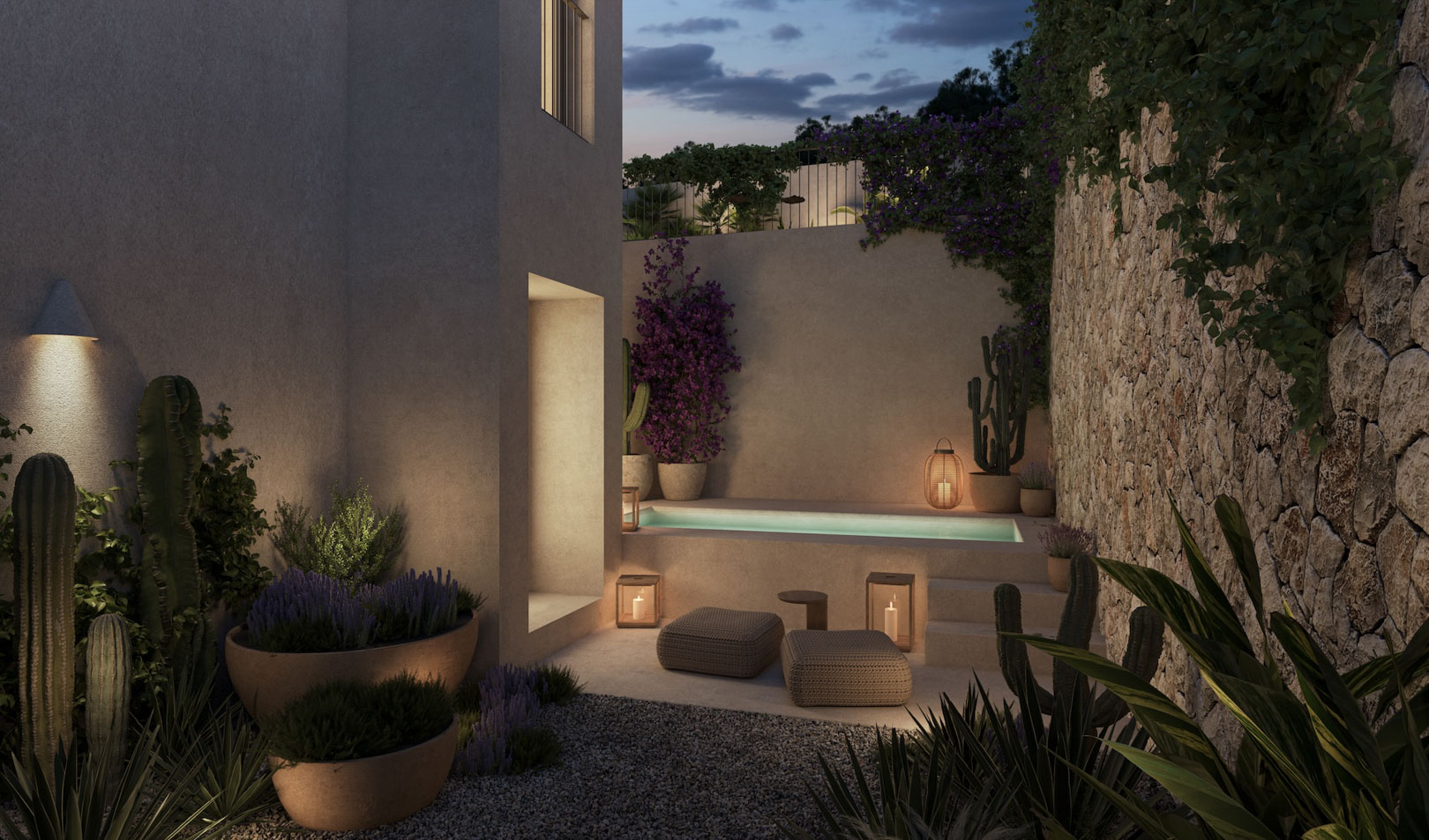Privé wellnessruimte buiten met dompelbad, natuurstenen muren en mediterrane beplanting, sfeervol verlicht door lantaarns en geïntegreerde spots.