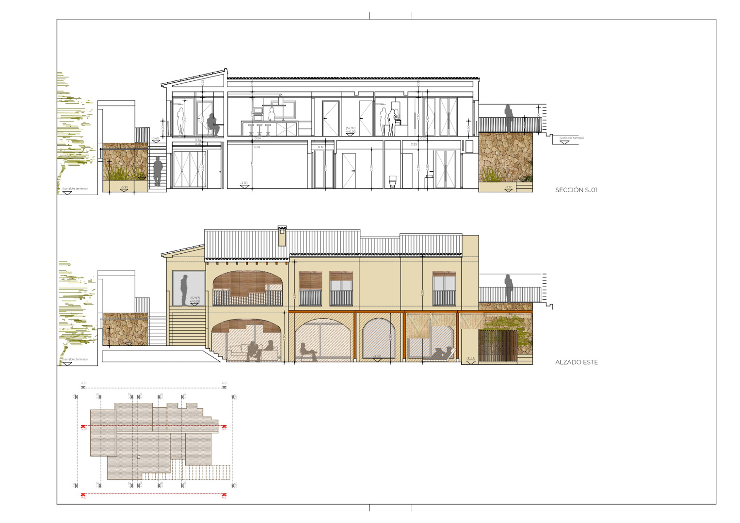 Technische architecturale tekening van de dwarsdoorsnede en oostgevel, met details van de twee verdiepingen, mediterrane bogen en natuurstenen muren.