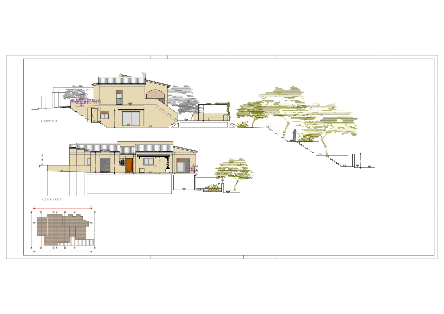 Technische tekeningen van de zuid- en westgevels, met details over het volume van de villa, de terrassen en de integratie in het glooiende terrein.