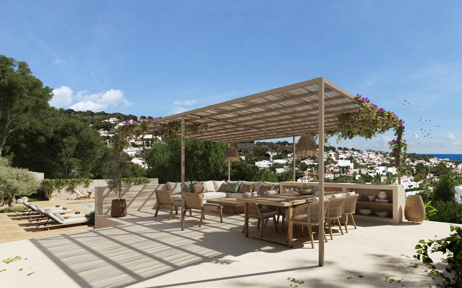Verhoogd terras met houten pergola en bougainvillea, voorzien van een eethoek en loungegedeelte met weids uitzicht over de kust van Benissa.