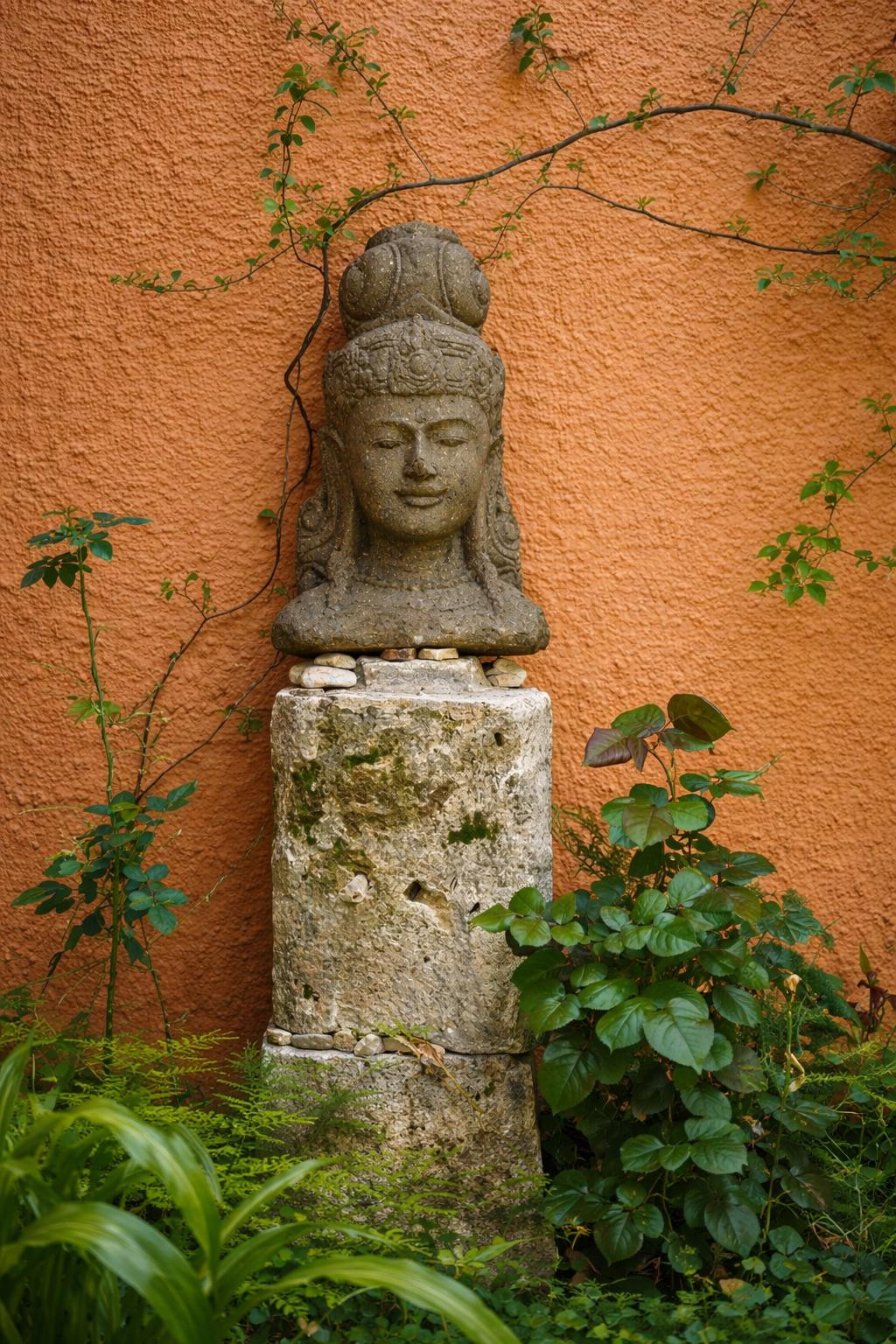Decoratief stenen beeld op een rustieke sokkel, omgeven door groene beplanting tegen een terracotta gestuukte buitenmuur.