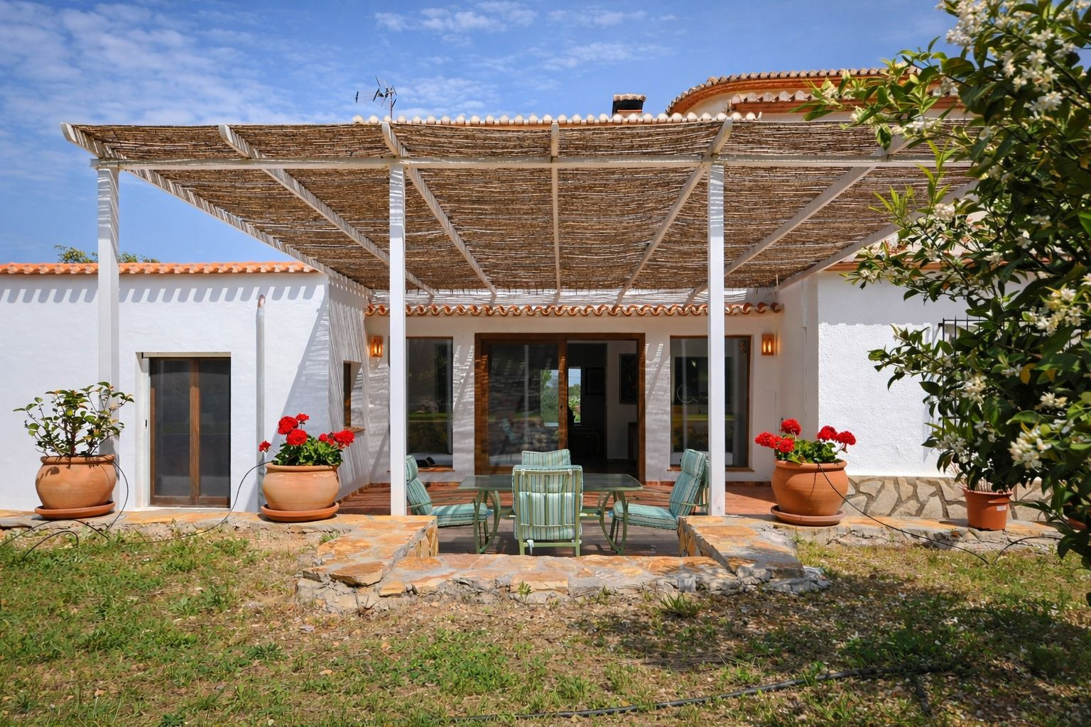Buitenterras met een rieten pergola, tuinmeubilair en terracotta potten met rode bloemen tegen de witte gevel van de villa.