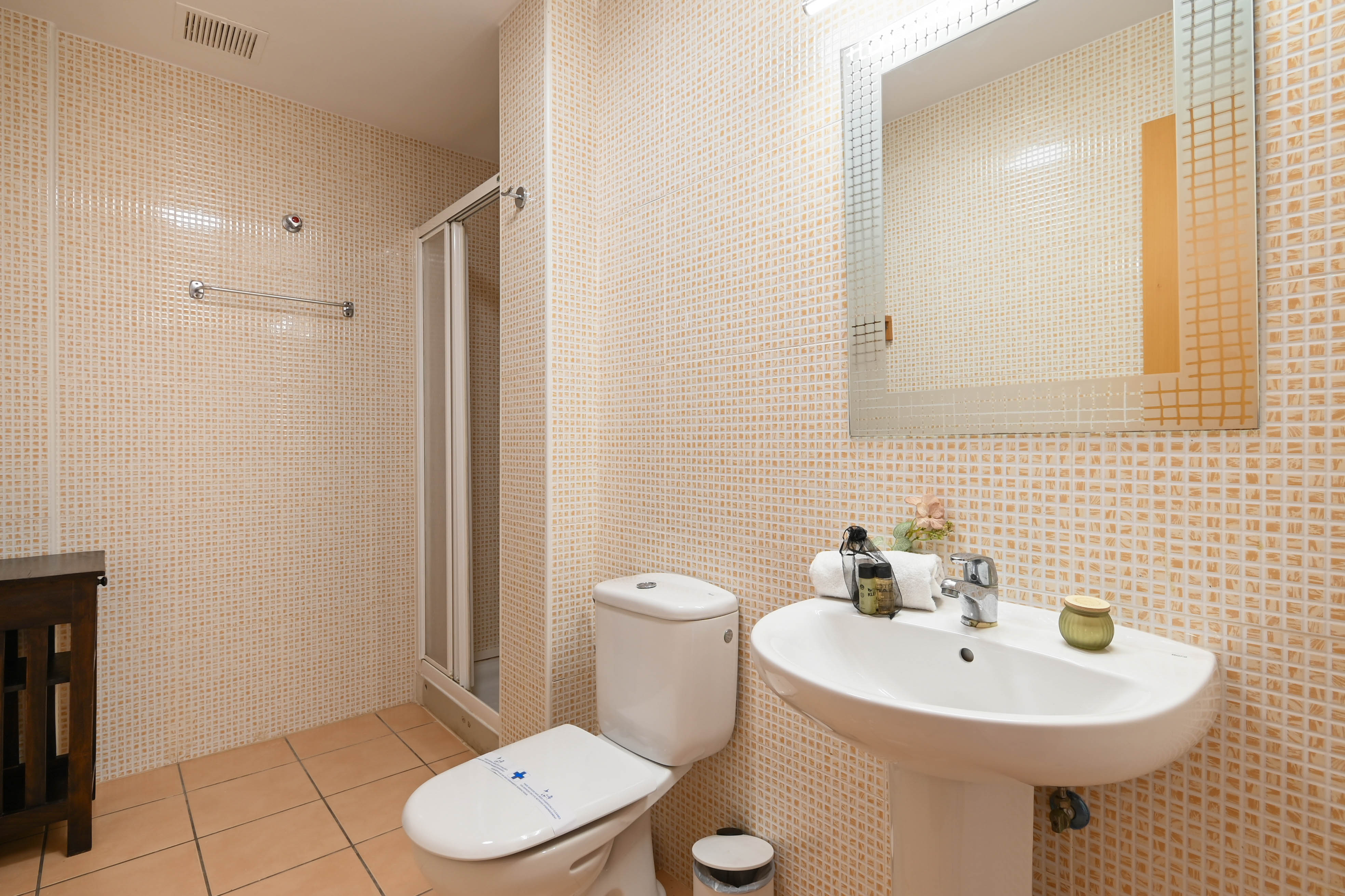 Functionele badkamer met beige mozaïek wandtegels, een witte kolomwastafel en een douche met glazen vouwdeur.