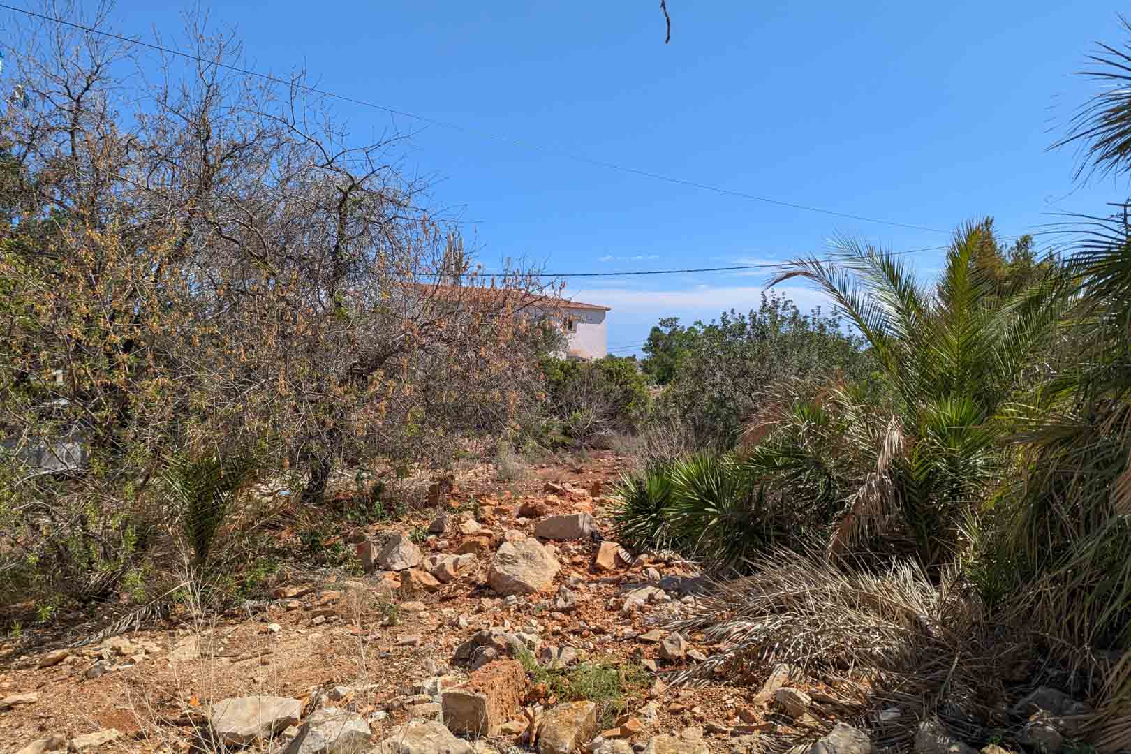 Perceeloppervlak met rotsachtige bodem en inheemse mediterrane vegetatie, met de natuurlijke omgeving en de nabijheid van bestaande woningen.