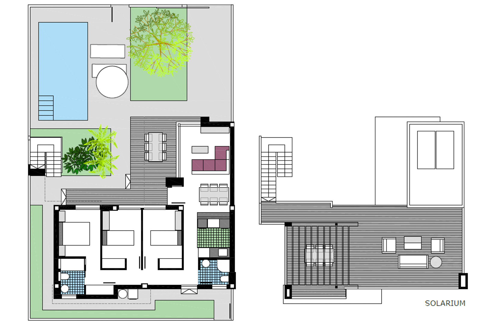 Gedetailleerde plattegrond met de indeling van 3 slaapkamers, open woonruimte en een ruim dakterras voorzien van een pergola en zithoeken.