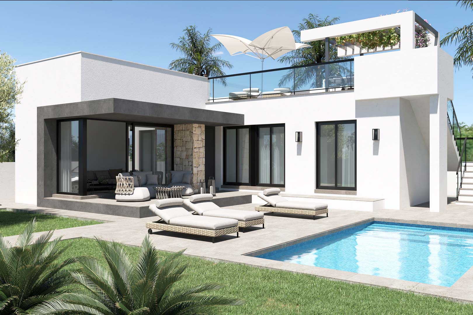 Moderne villa met privézwembad, betegeld terras, overdekte zithoek met natuurstenen details en een dakterras met glazen balustrades.