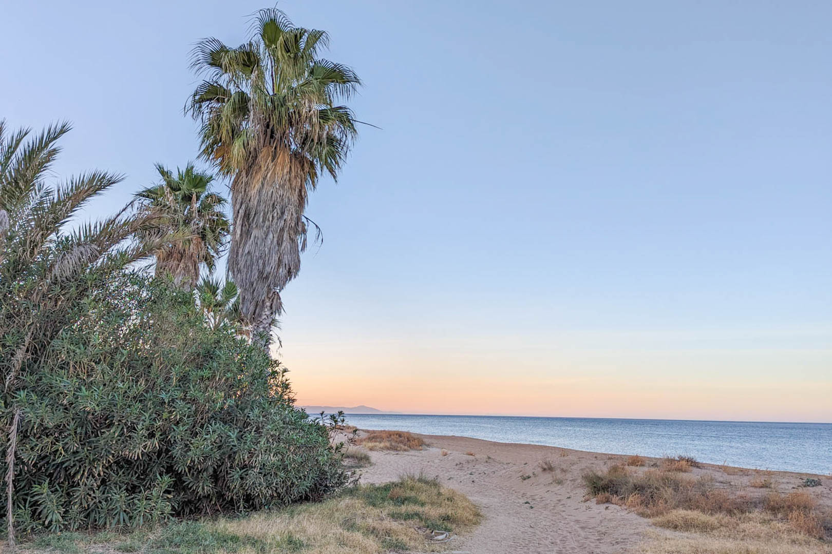 Uitzicht op het nabijgelegen strand met zandduinen, palmbomen en mediterrane beplanting onder een zachte schemering, op minder dan twee kilometer van de woning.