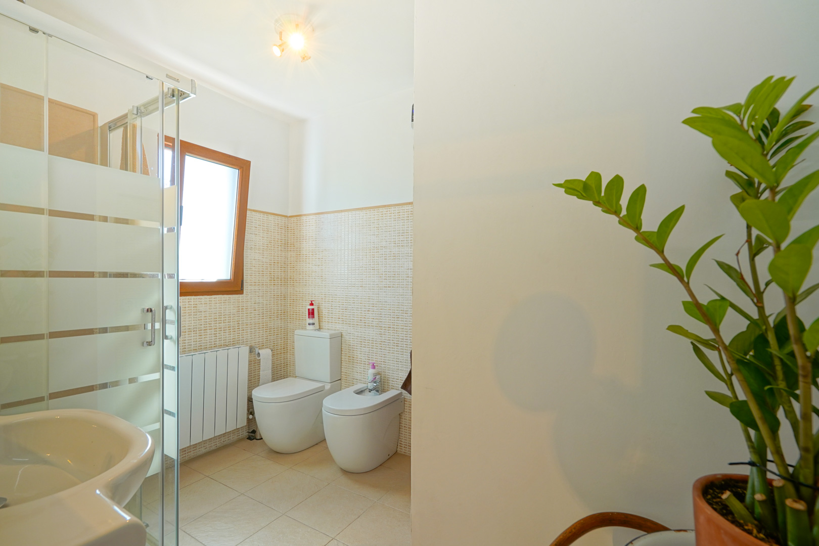 Badkamer met glazen douchecabine, toilet, bidet en radiator, afgewerkt met beige mozaïektegels en een raam met houten kozijn.
