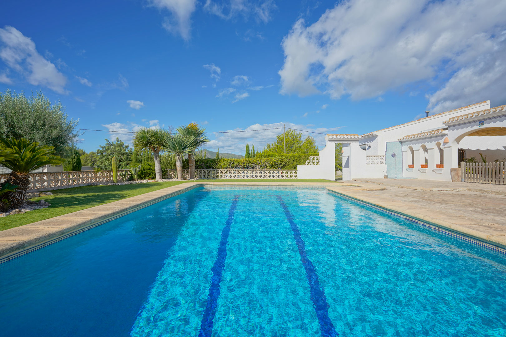 Rechthoekig zwembad met zwembanen, omgeven door een natuurstenen terras en een verzorgde tuin met palmbomen bij de witte mediterrane villa.