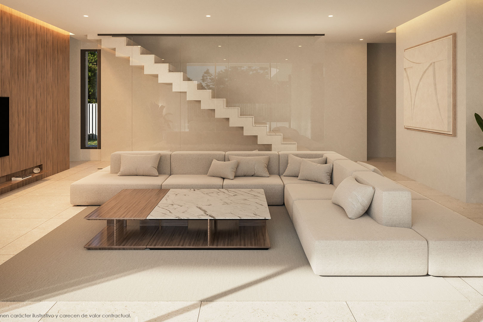 Design woonkamer met modulaire bank, salontafel van marmer en hout, en een minimalistische zwevende trap achter een glazen wandpaneel.