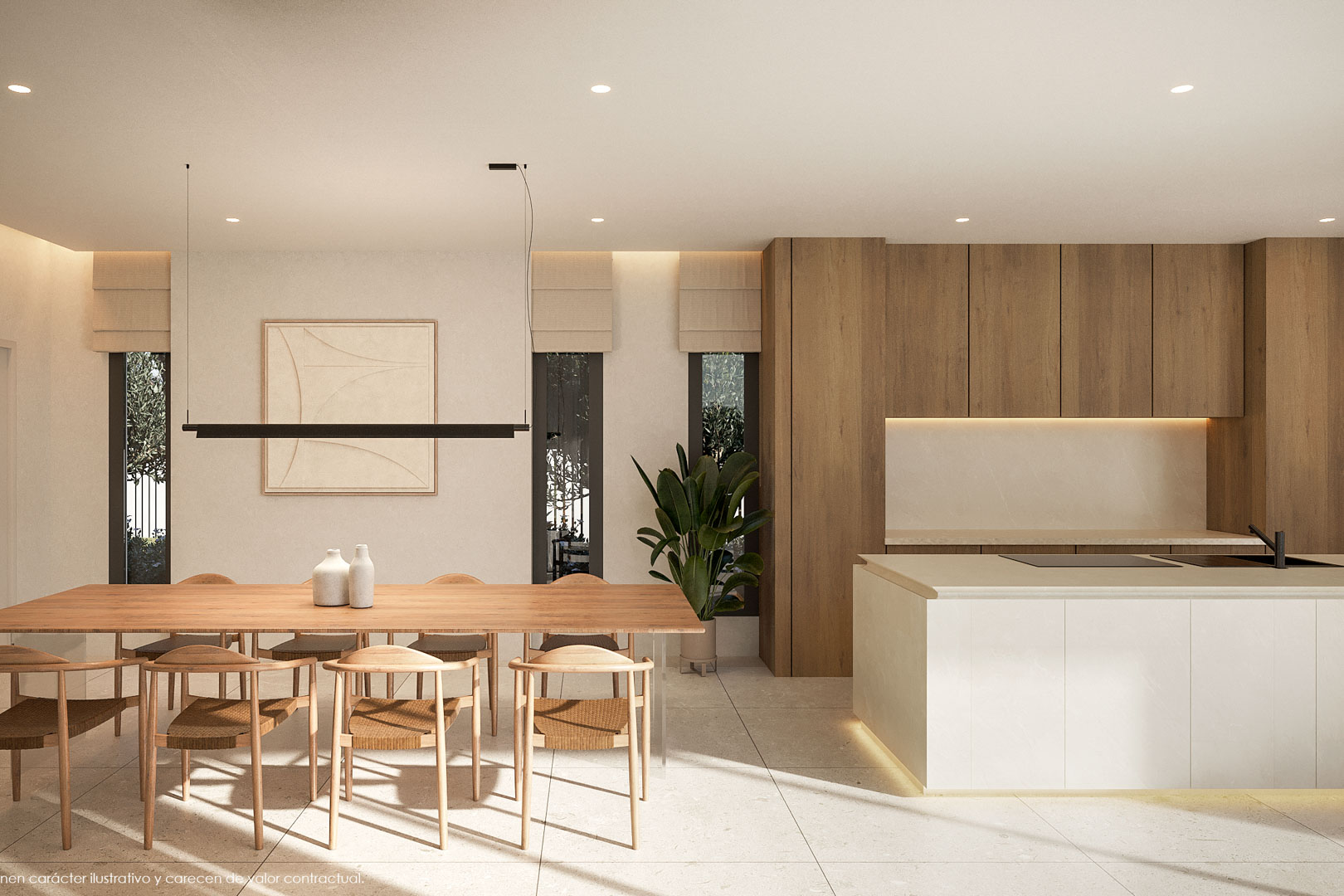 Open eetkamer en keuken met een natuurhouten tafel, designstoelen en een minimalistisch wit kookeiland. Voorzien van houten kasten en geïntegreerde LED-verlichting.