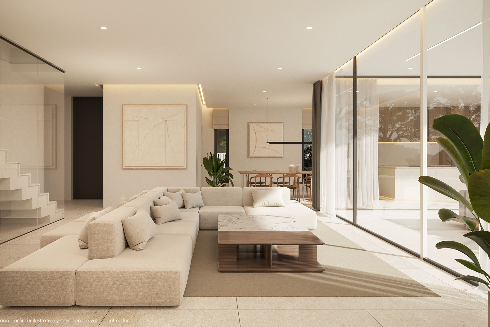 Open woonkamer met modulaire bank, kamerhoge glazen puien en een minimalistische trap met glazen balustrade voor een ruimtelijk effect.