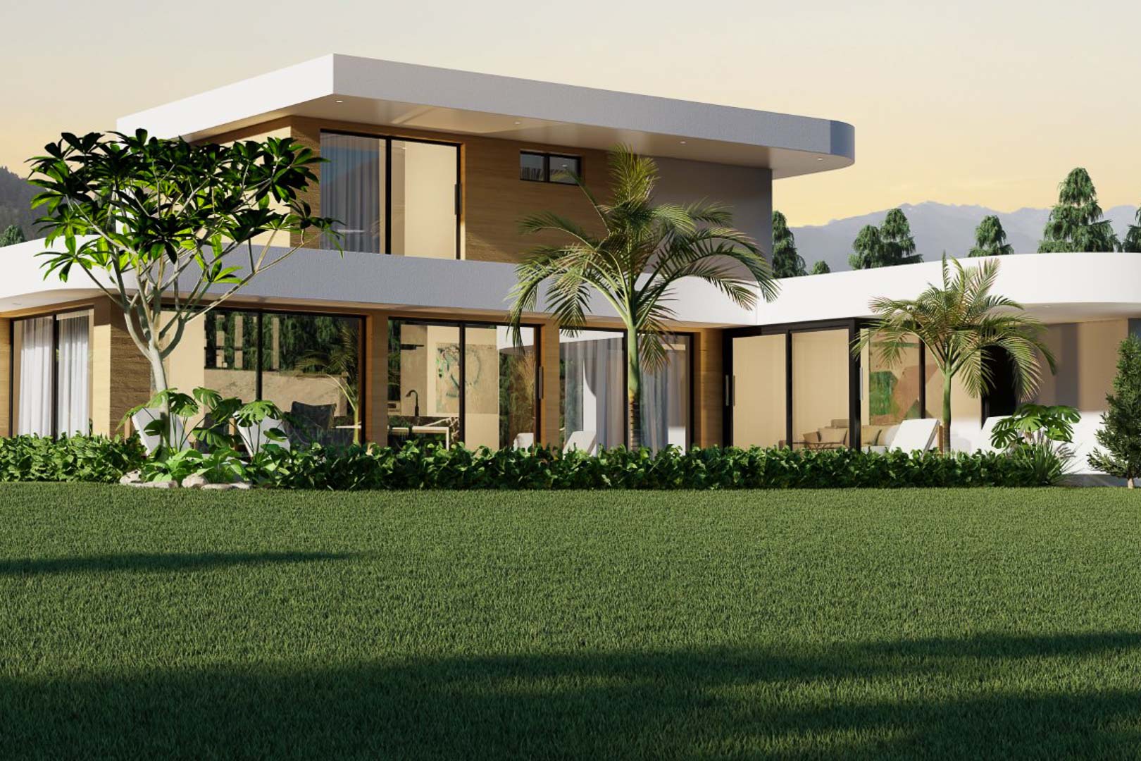 Buitenaanzicht van de moderne villa met grote glazen ramen en een weelderige tuin.