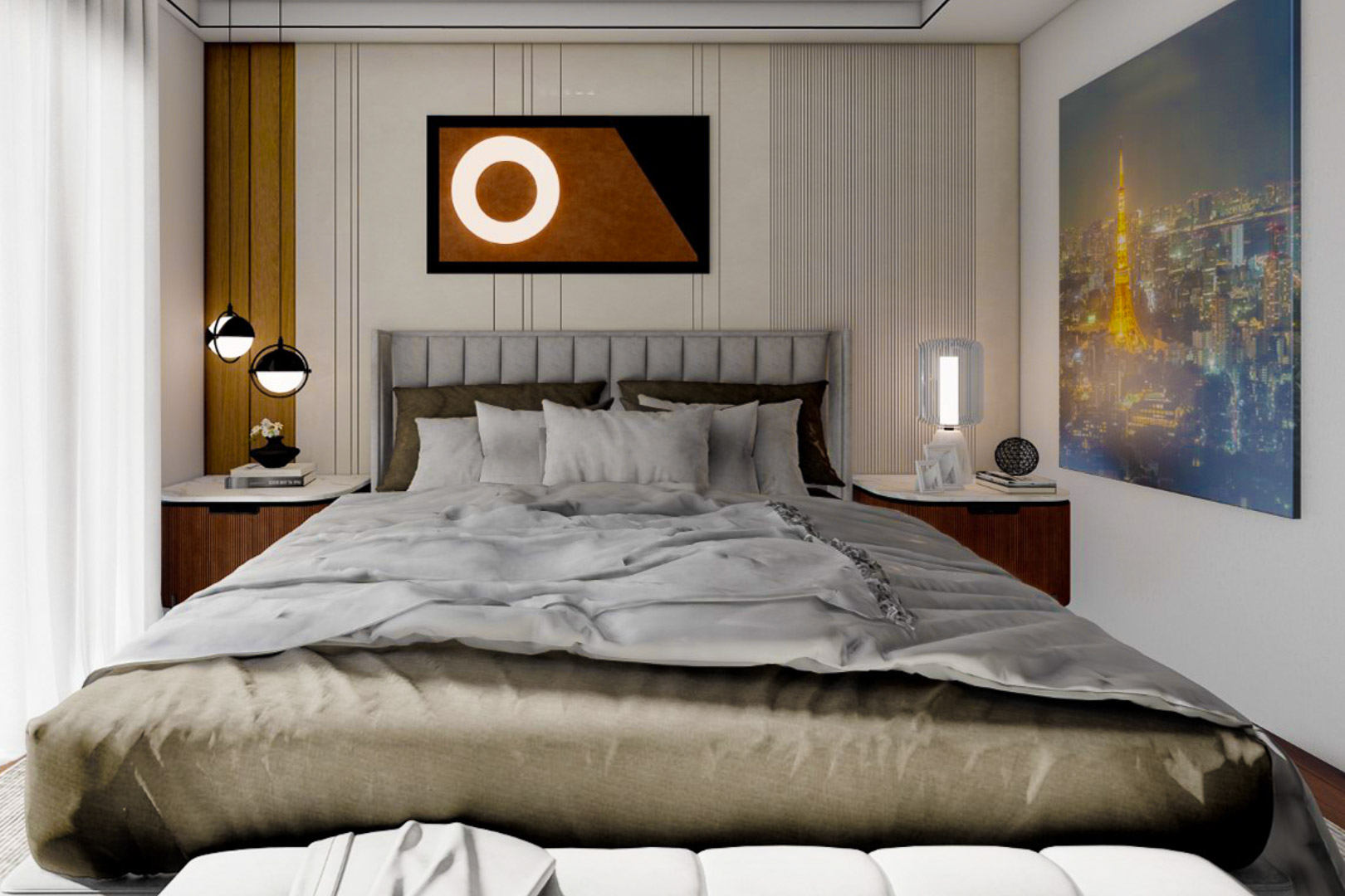 Slaapkamer met grijze gestoffeerde hoofdeinde, beddengoed in neutrale tinten en minimalistische inrichting.
