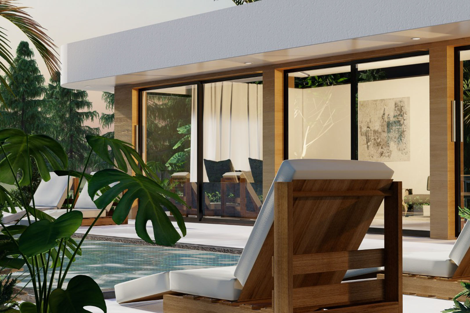 Terrasoverzicht met houten ligstoelen en zwembad. Grote glazen ramen verbinden het interieur met het exterieur.