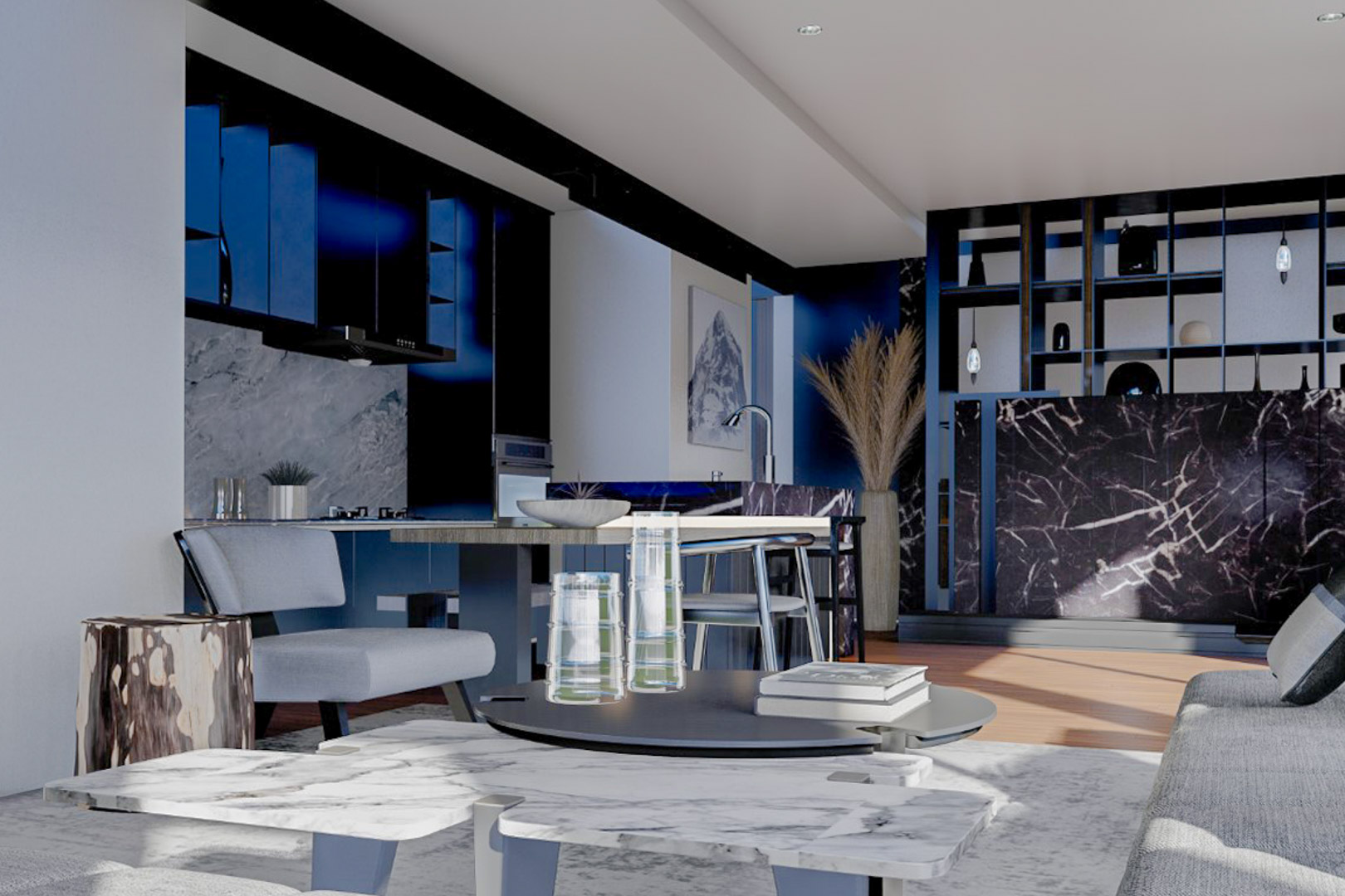 Woonkamer met open keuken, met marmeren eiland en meubels in blauwtinten.
