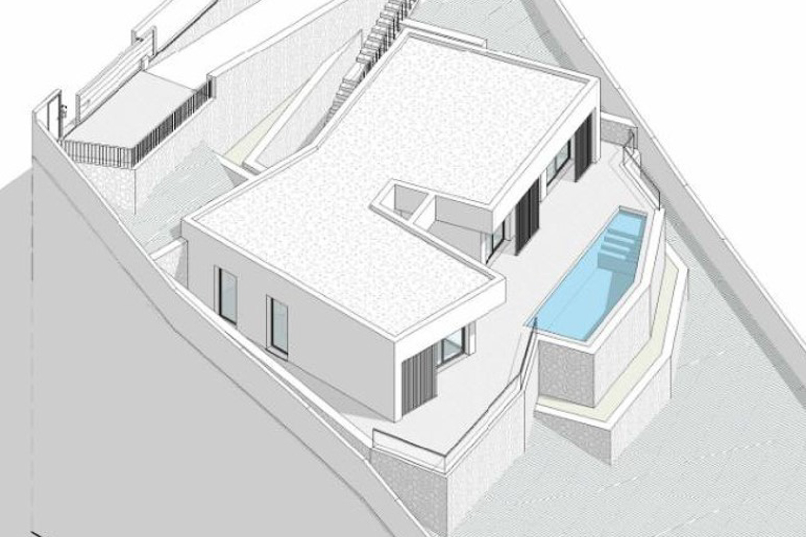 Isometrische architecturale rendering van de moderne villa, met plat dak, ruim terras en geïntegreerd zwembad op een terrasvormig perceel.