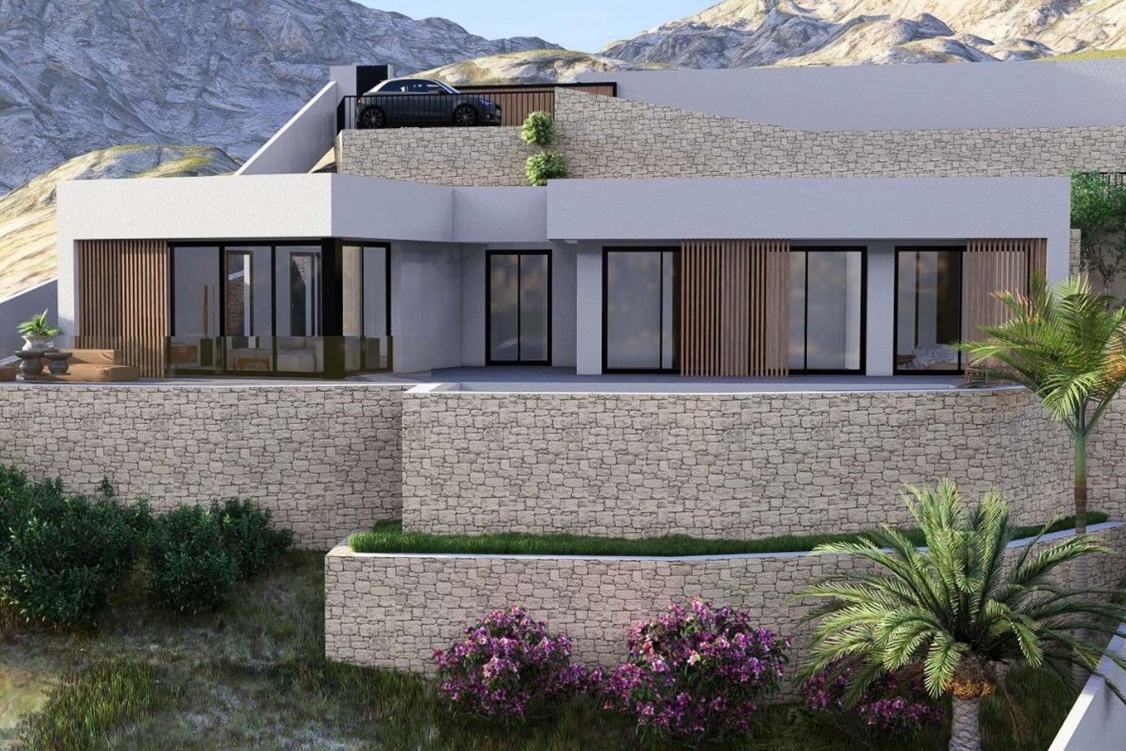 Modern architectonisch ontwerp met natuurstenen muren, houten lamellen en grote raampartijen, geïntegreerd in de berghelling met parkeergelegenheid.