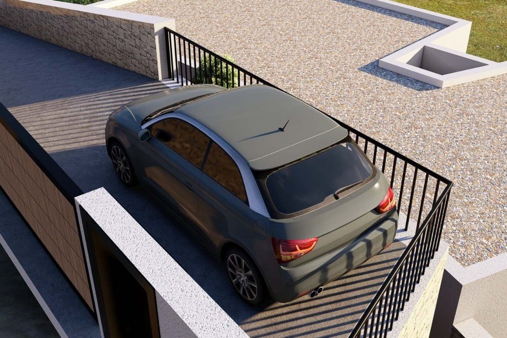 Privé parkeerplaats met betonnen bestrating, afgezet met een zwart metalen hekwerk en omringd door natuurstenen muren.
