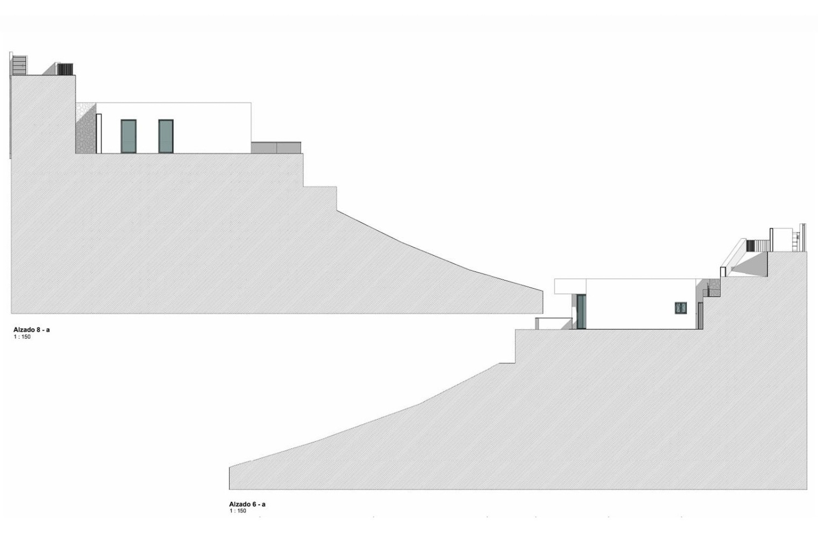 Technische gevelaanzichten die de architectonische integratie van de moderne villa op het hellende terrein tonen op schaal 1:150.