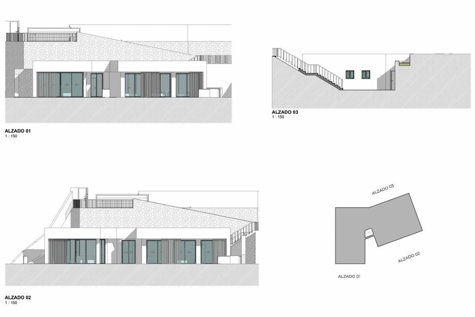 Technische gevelaanzichten van de moderne villa, met grote glaspartijen, natuurstenen muren en een naadloze integratie in het hellende terrein.