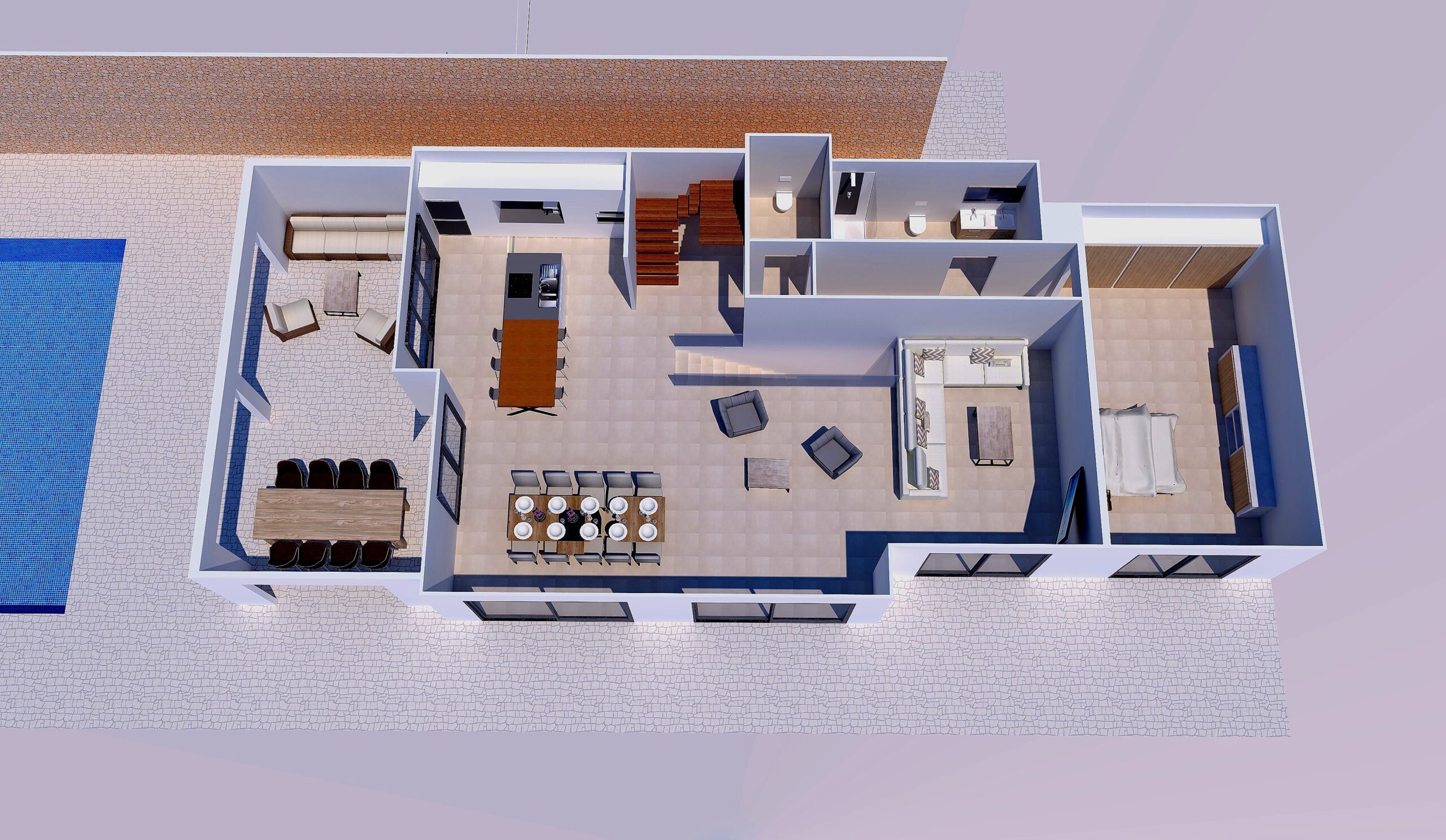 3D-bovenaanzicht van de hoofdverdieping met open woonkamer, keuken met eiland, master suite en direct toegang tot het terras met zwembad.
