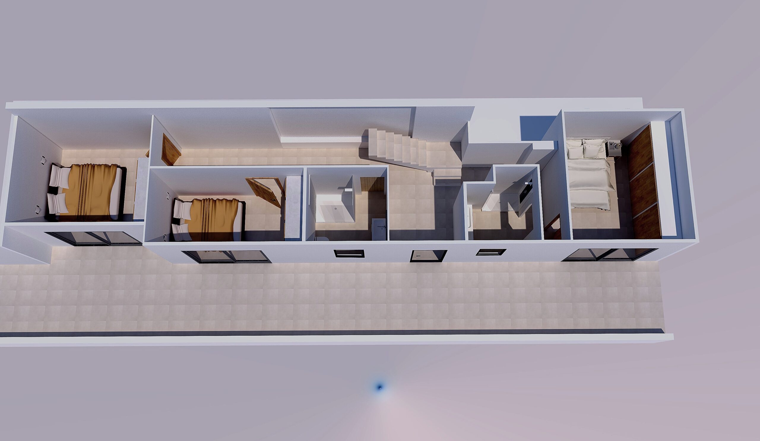 3D-plattegrond van de benedenverdieping met drie slaapkamers, inbouwkasten, twee badkamers en een breed terras over de gehele lengte van de gevel.