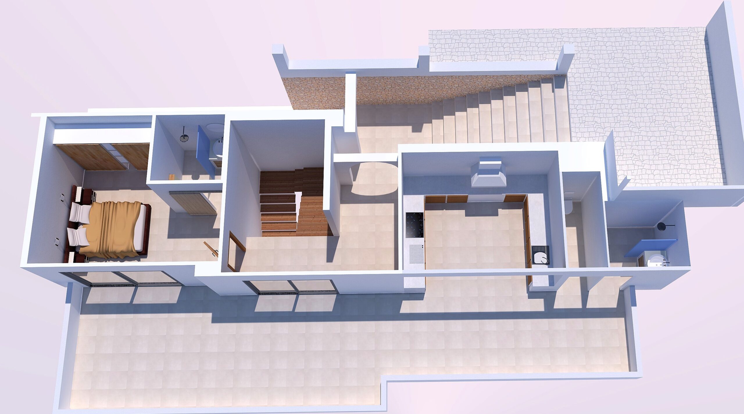 3D-plattegrond van de bovenverdieping met slaapkamer, en-suite badkamer, buitenkeuken en een ruim terras op het zuiden met keramische tegels.