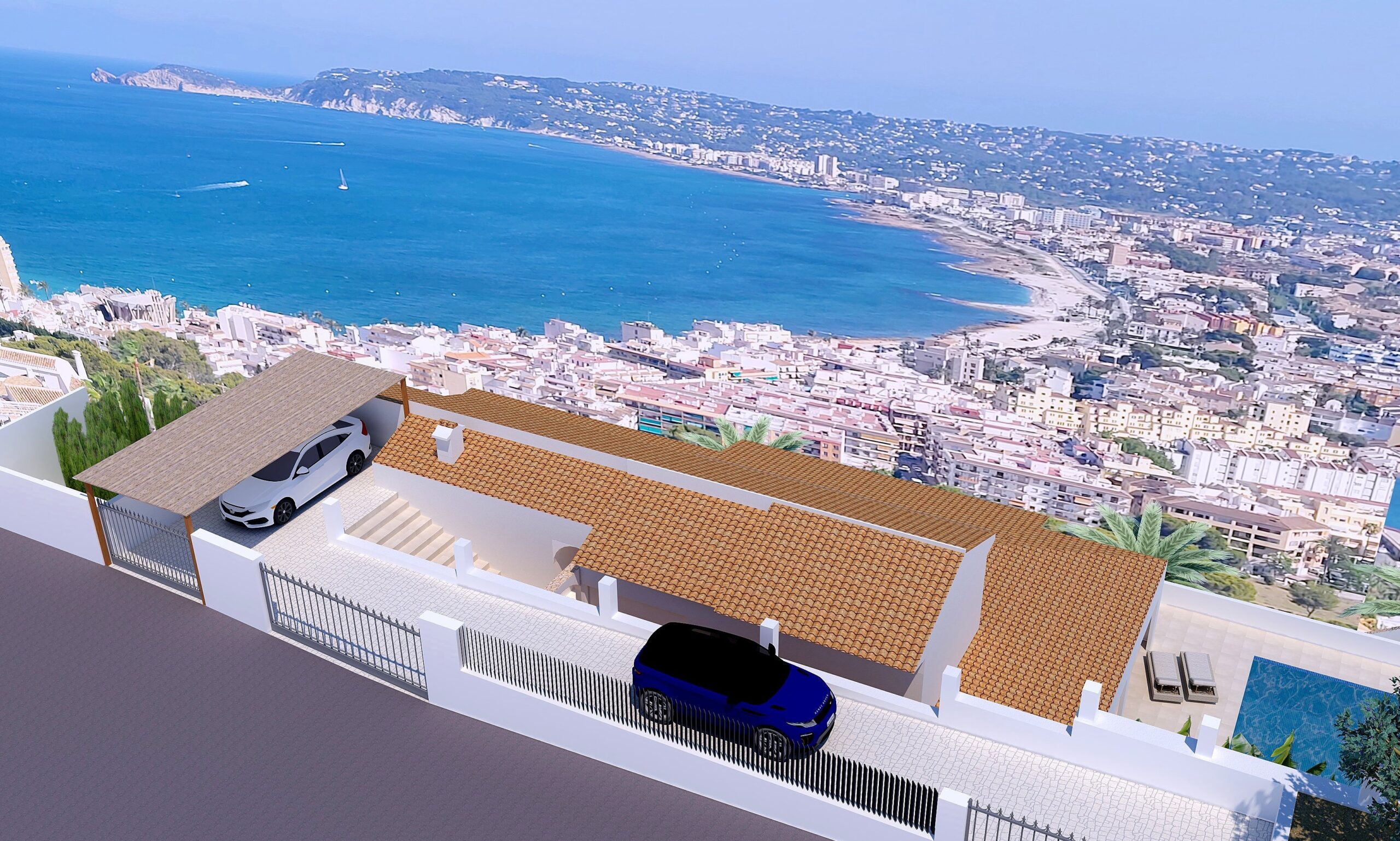 Bovenaanzicht van de toegang op straatniveau met carport, beveiligde poort en panoramisch uitzicht over de baai en de haven van Jávea.
