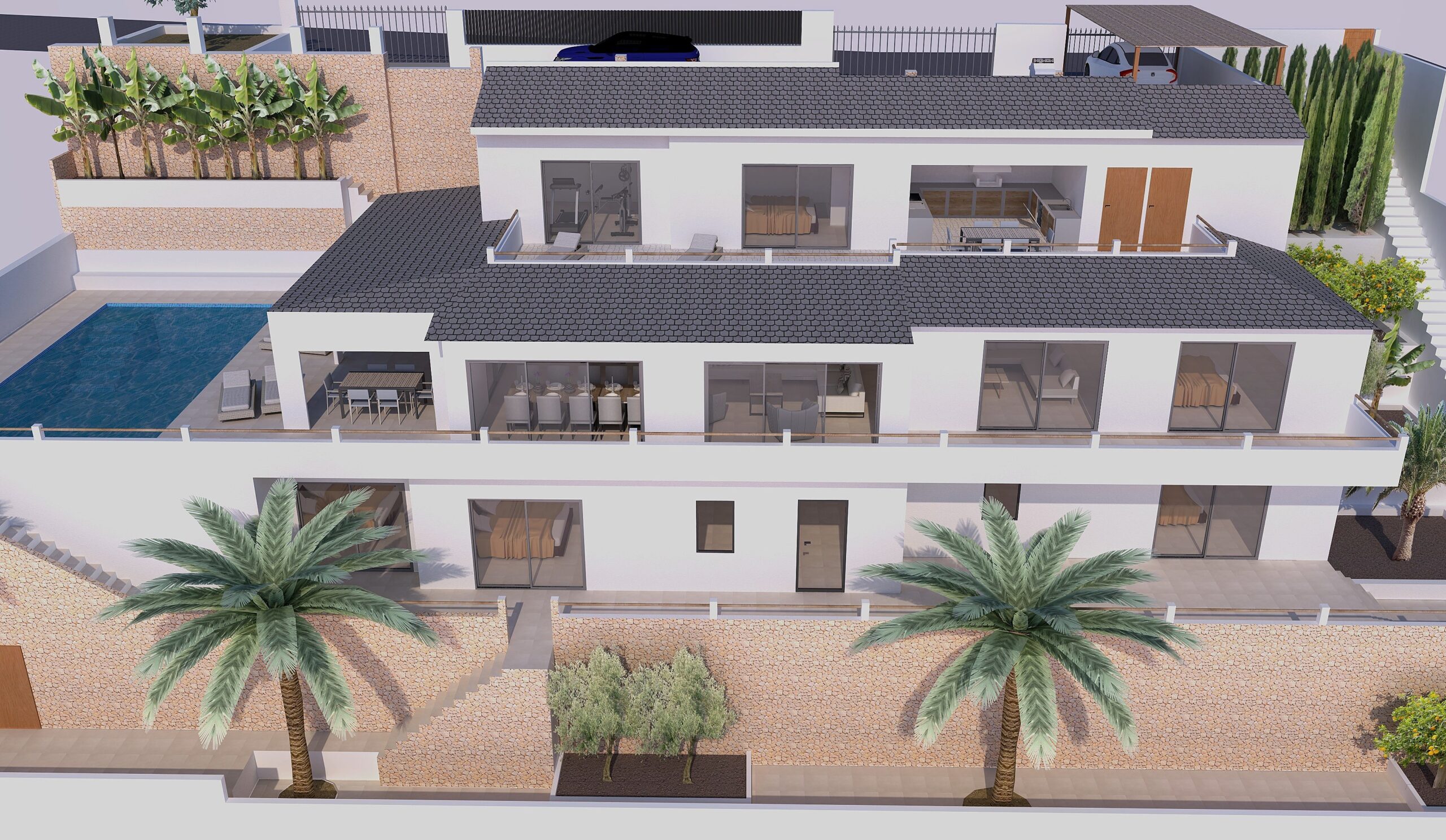 Buitenaanzicht van de villa met drie woonlagen, voorzien van ruime terrassen met glazen balustrades, een zijdelings zwembad en natuurstenen muren.