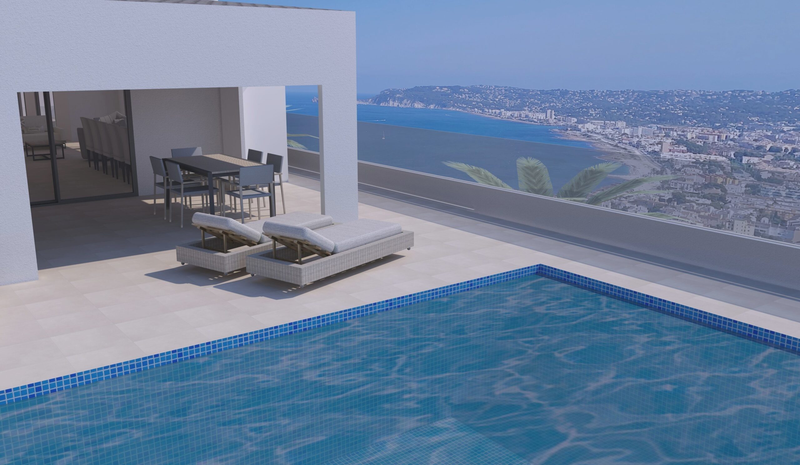 Hoofdterras met zwembad, overdekt buiteneetgedeelte en panoramisch uitzicht over de baai en de haven van Jávea.