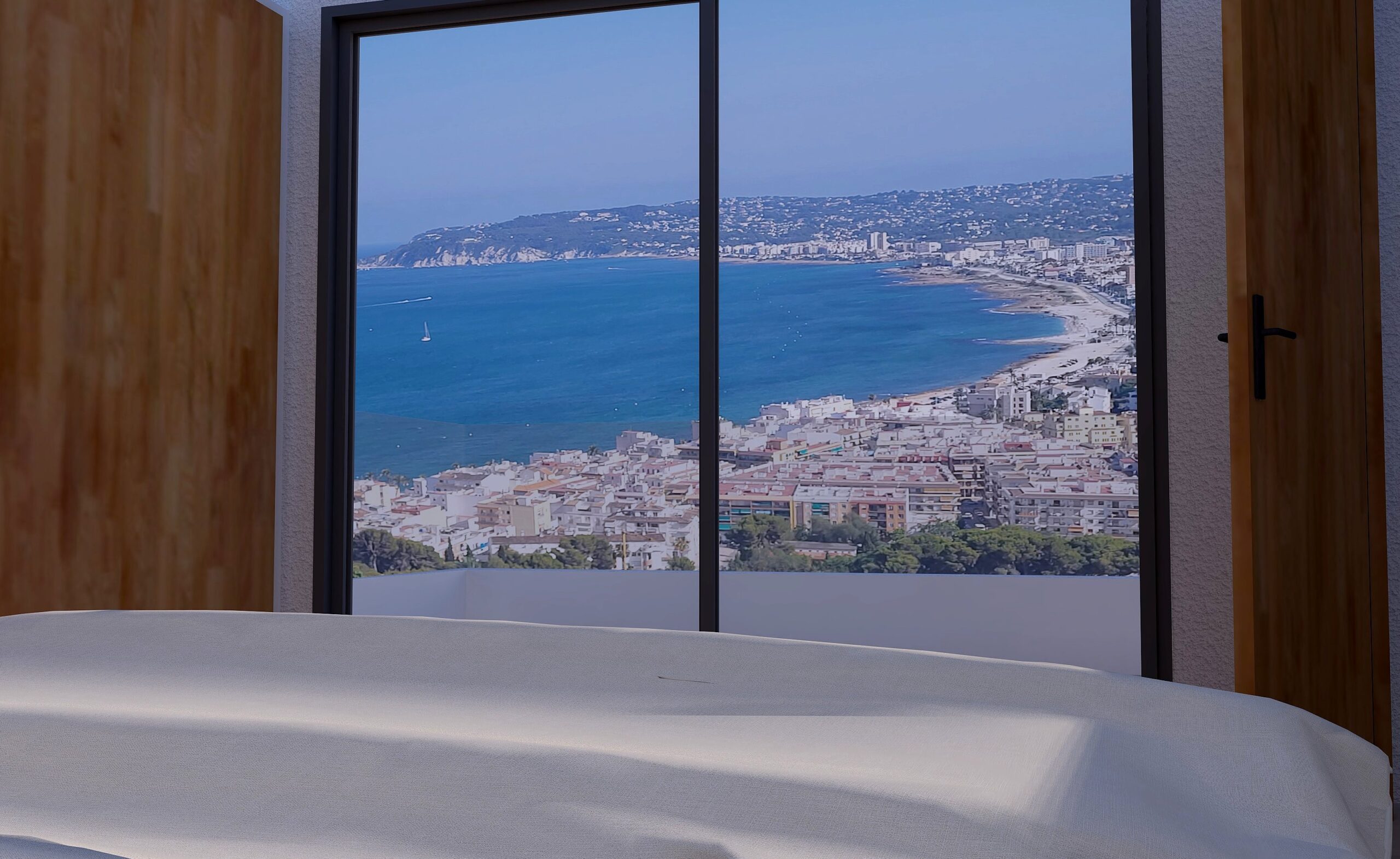 Panoramisch uitzicht op de baai van Jávea vanuit de slaapkamer, met kamerhoge ramen en natuurlijke houten wandpanelen.